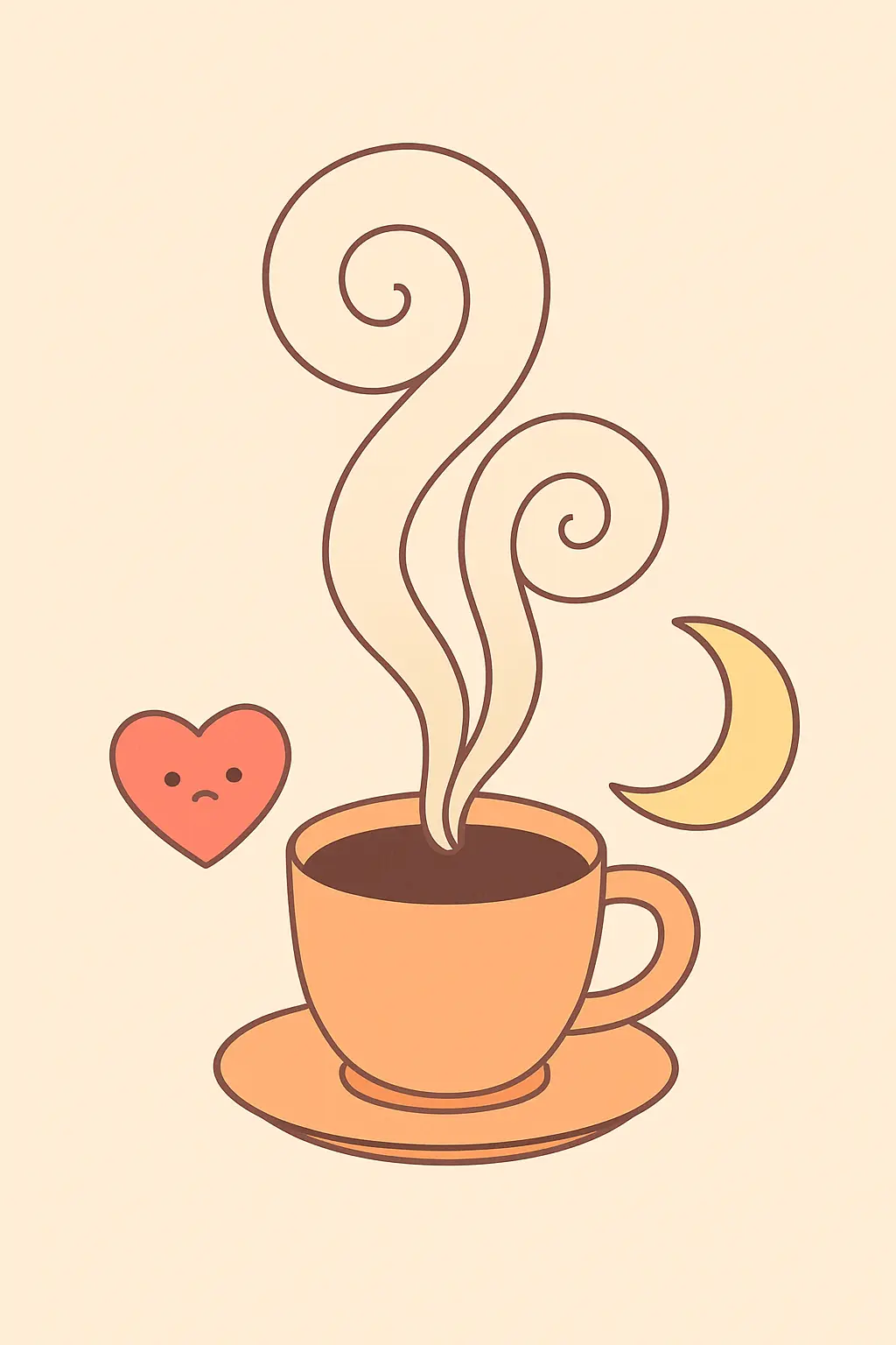 Illustration of a coffee cup with oversized steam beside a racing heart and a moon, representing caffeine feeling much stronger after quitting smoking