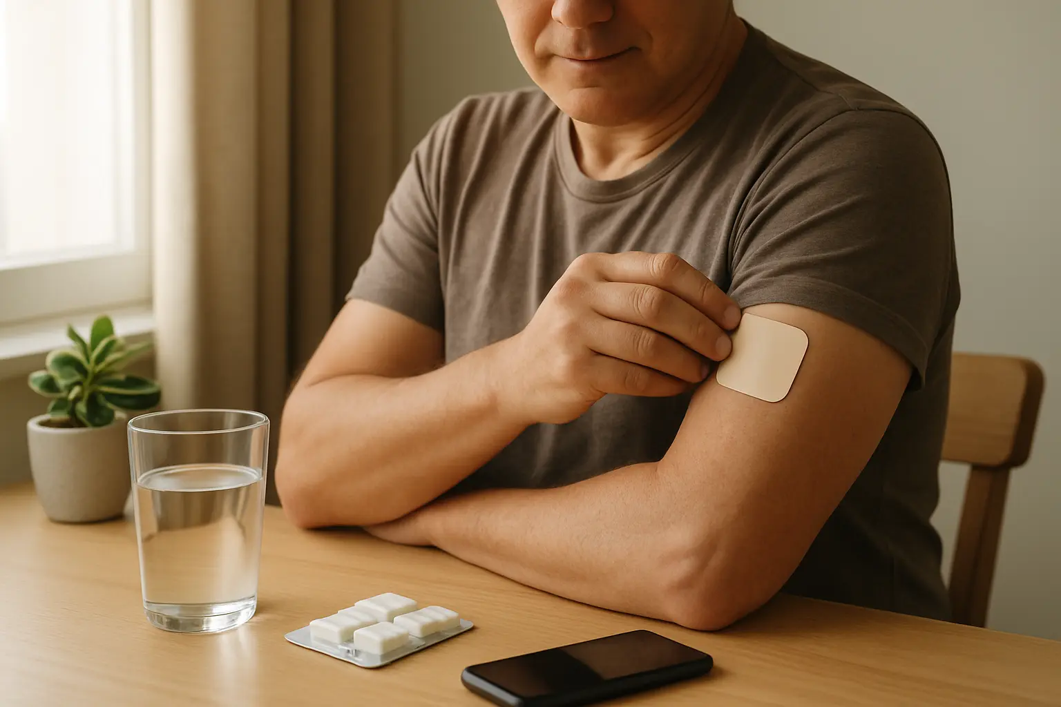 Person applying a nicotine patch at home with nicotine gum and a phone on the table
