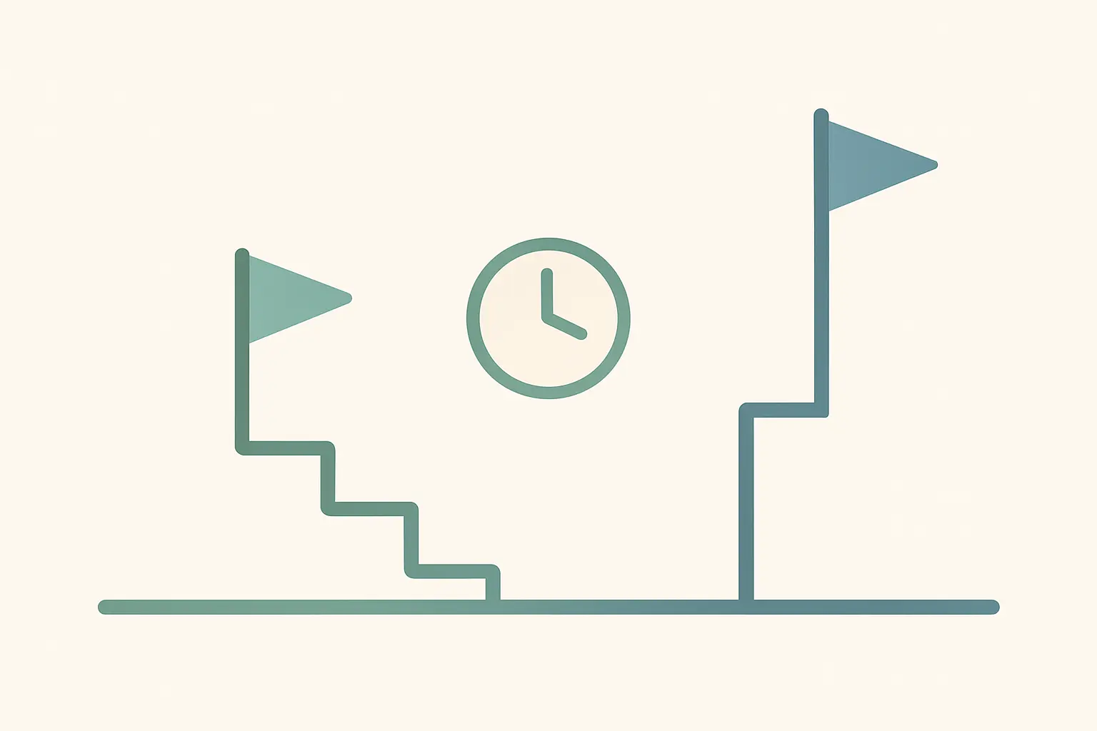 Illustration comparing a stepped gradual reduction path with a single-step abrupt stop path, each ending in a flag of different height