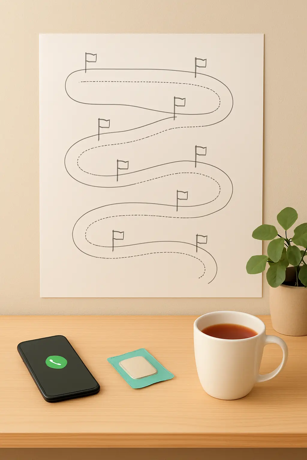 Wall planner with a twelve-week path of milestone flags next to nicotine patches and a phone