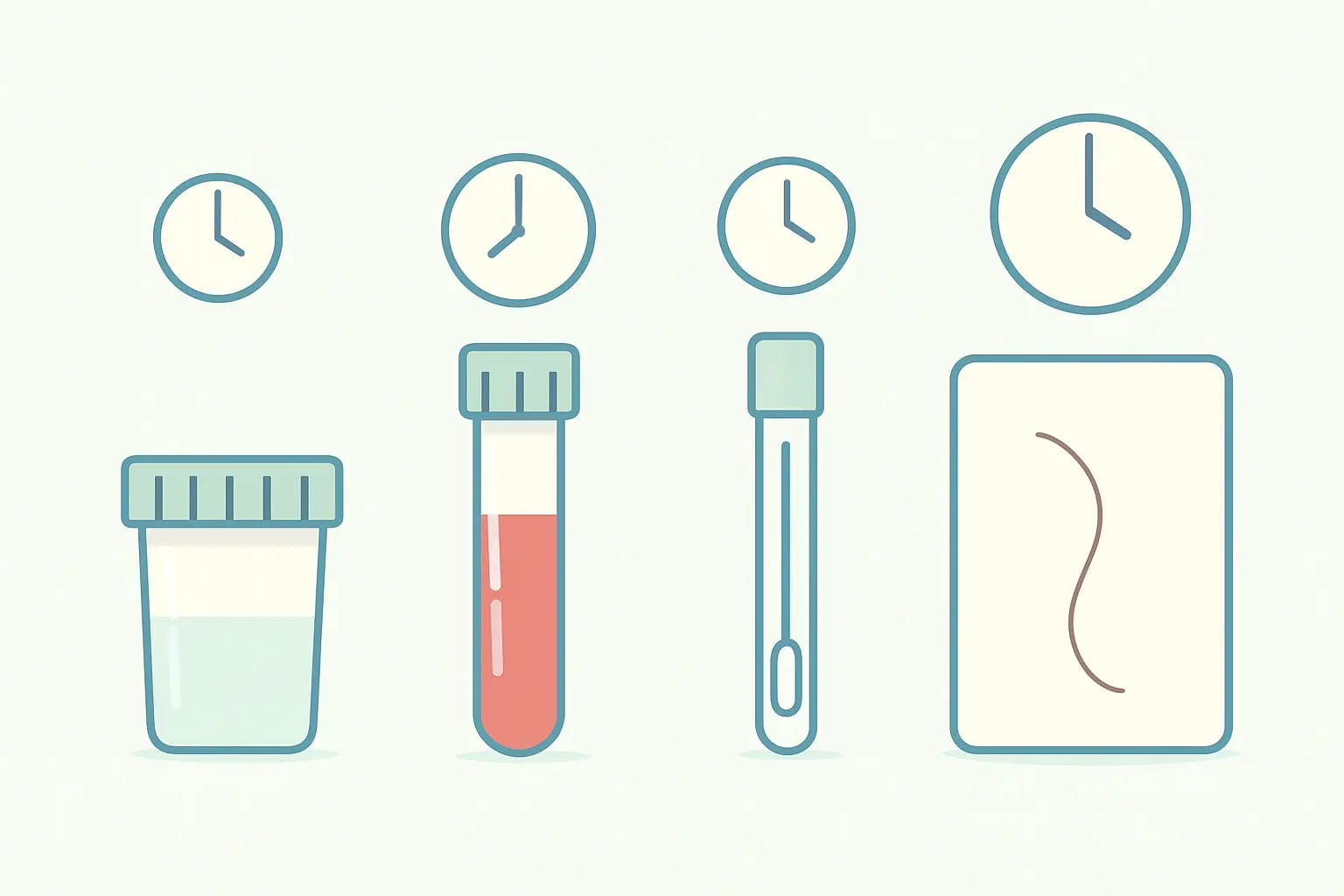 Row of laboratory sample types used in cotinine testing: urine cup, blood tube, saliva swab and hair sample, each with a clock symbol