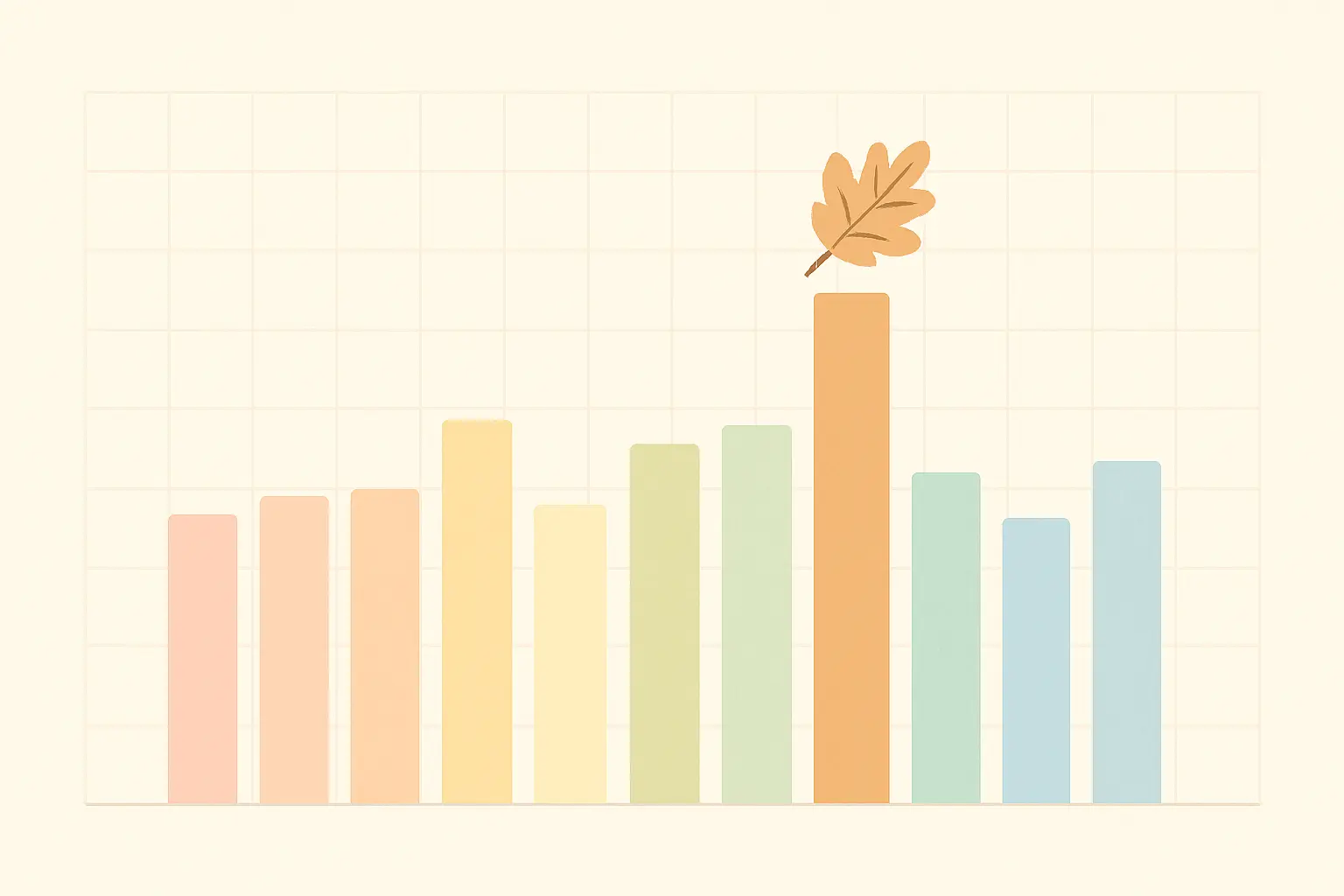 Flat pastel bar chart of twelve months with the October bar marked by an autumn leaf rising above the others, representing the rise in quit attempts during Stoptober