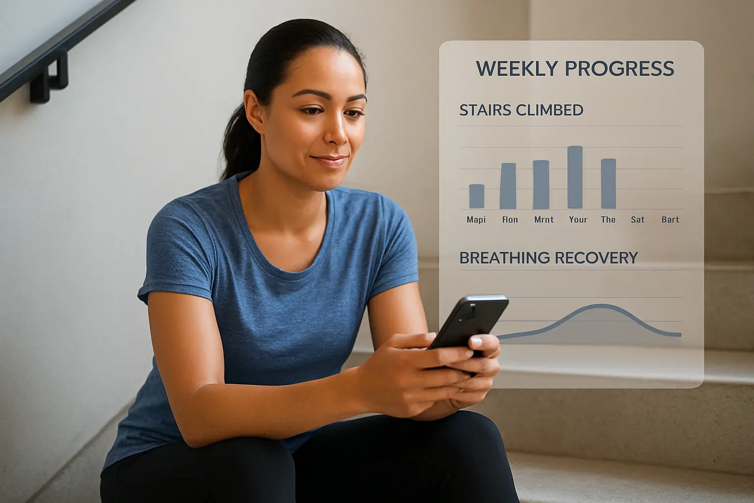 Person tracking their breathing recovery progress with a weekly stairs and exertion self-test