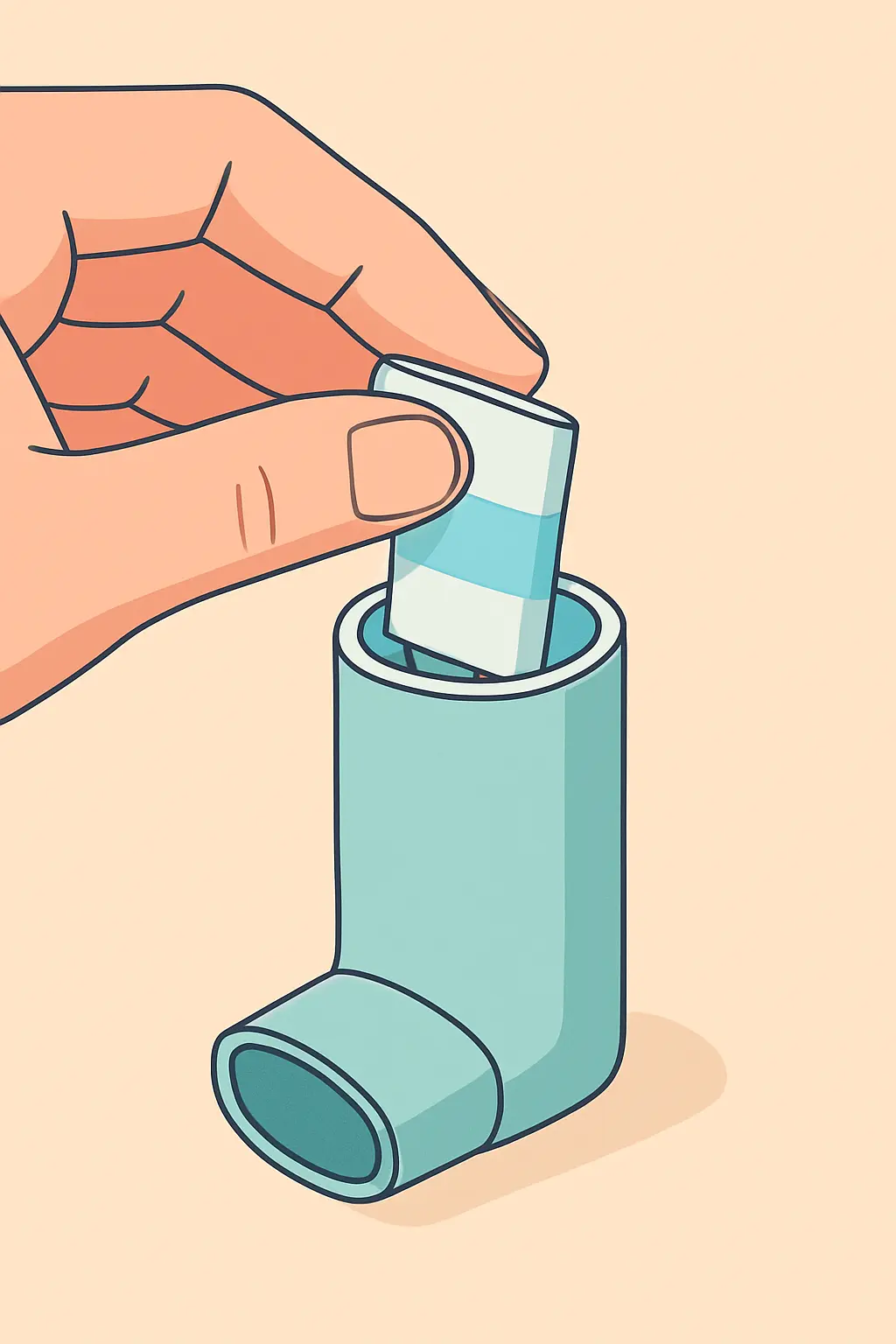 Illustration of a hand loading a cartridge into a nicotine inhaler mouthpiece