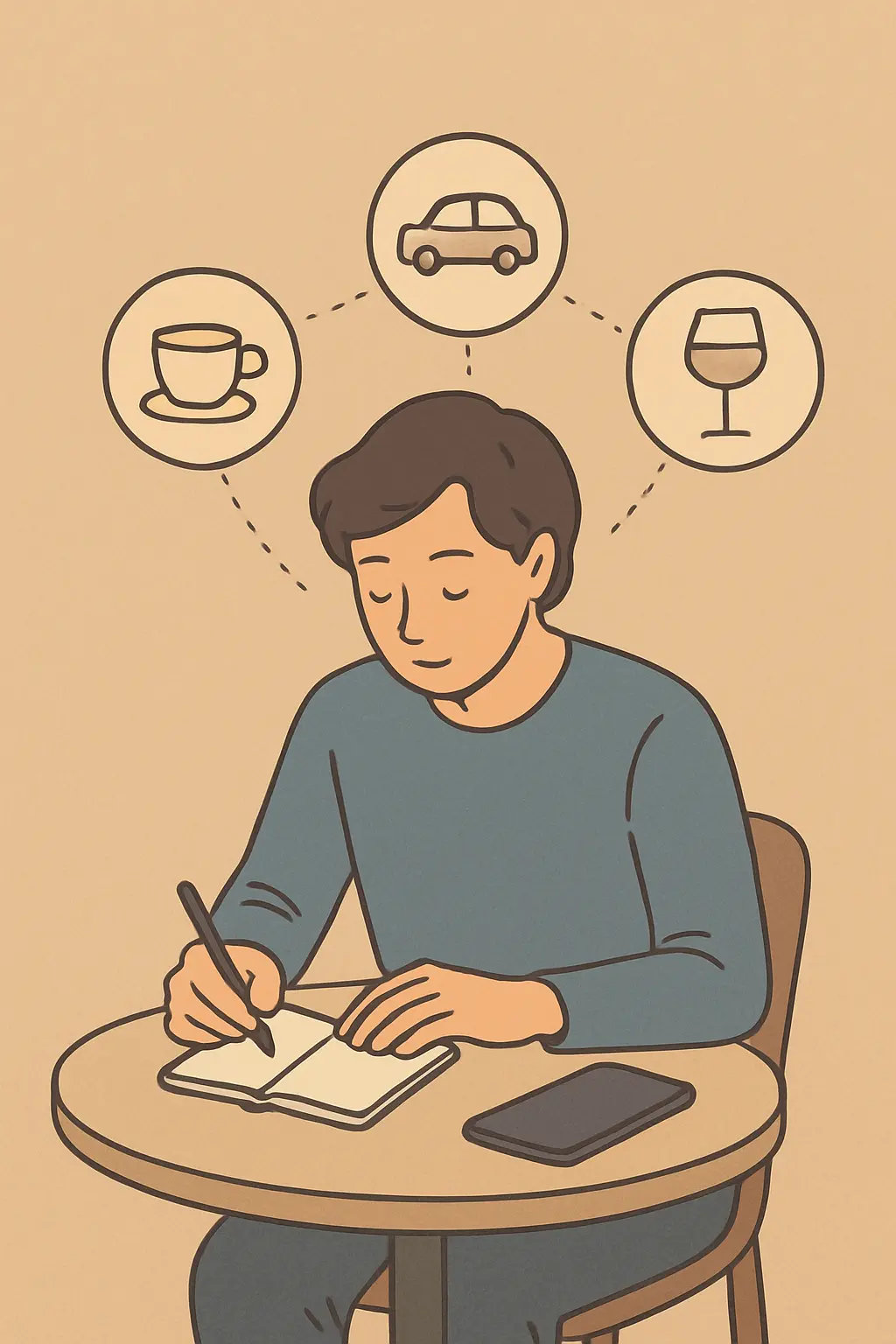 Illustration of a person writing in a notebook beside a phone, with icons for coffee, a car and a wine glass showing the few fixed cigarettes a light smoker tracks