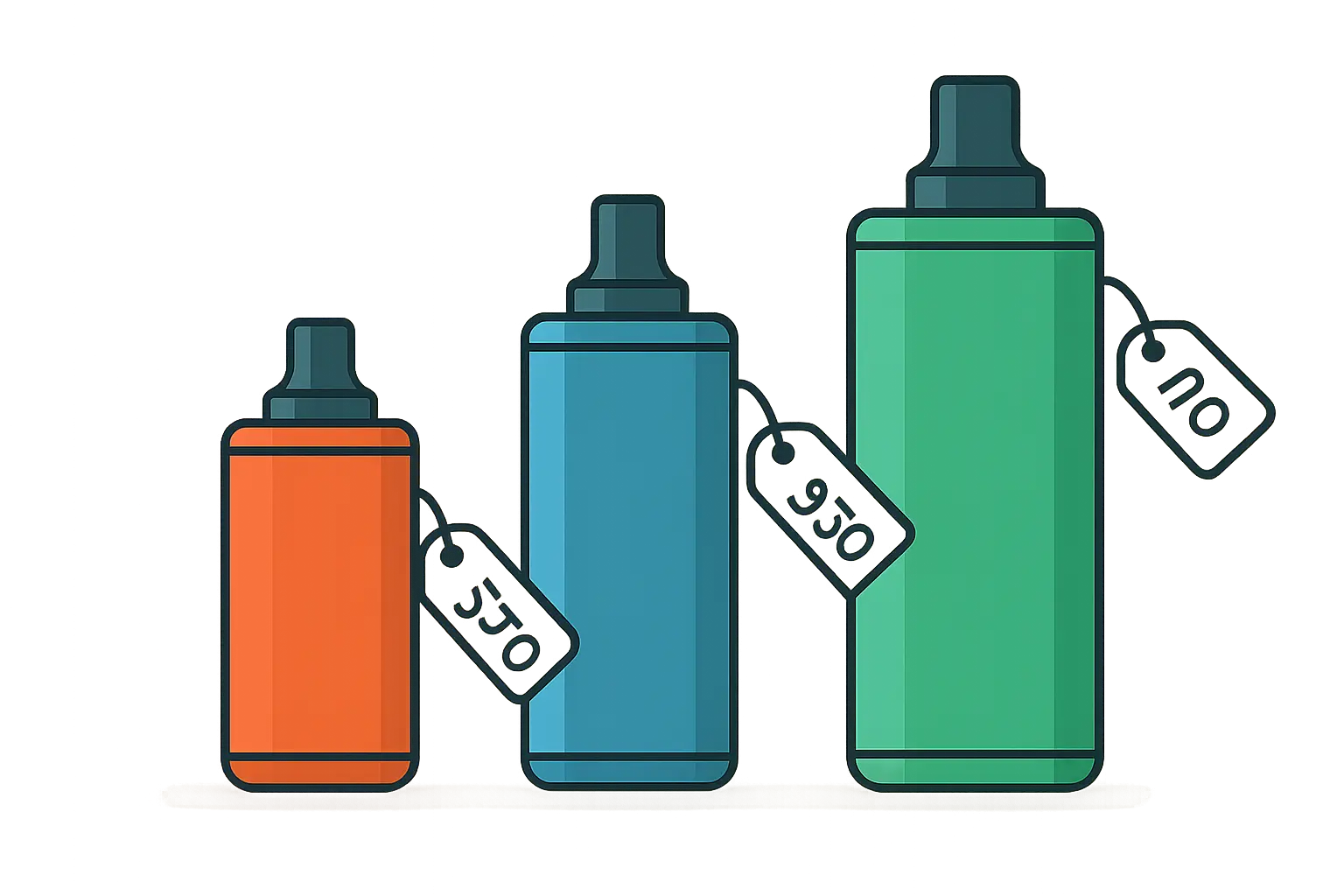 Row of disposable vape devices with price tags showing different cost tiers