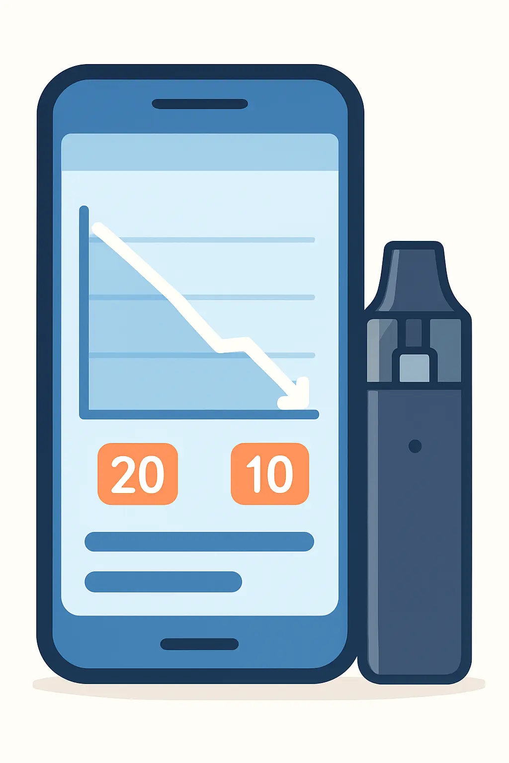Flat vector illustration of a smartphone dashboard with a downward trend line and nicotine strength labels representing vaping regulation trends