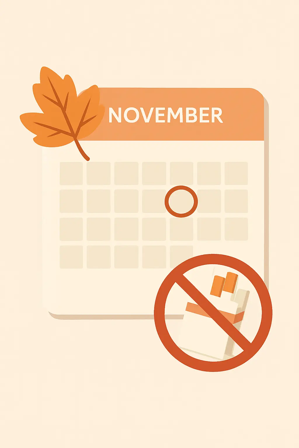 Illustration of a November calendar with the third Thursday circled beside a crossed-out cigarette pack, marking the Great American Smokeout date