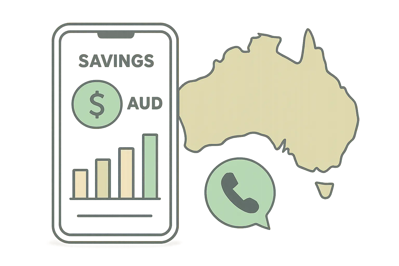 Smartphone showing an AUD savings dashboard next to an Australia outline representing tracking savings alongside Quitline support
