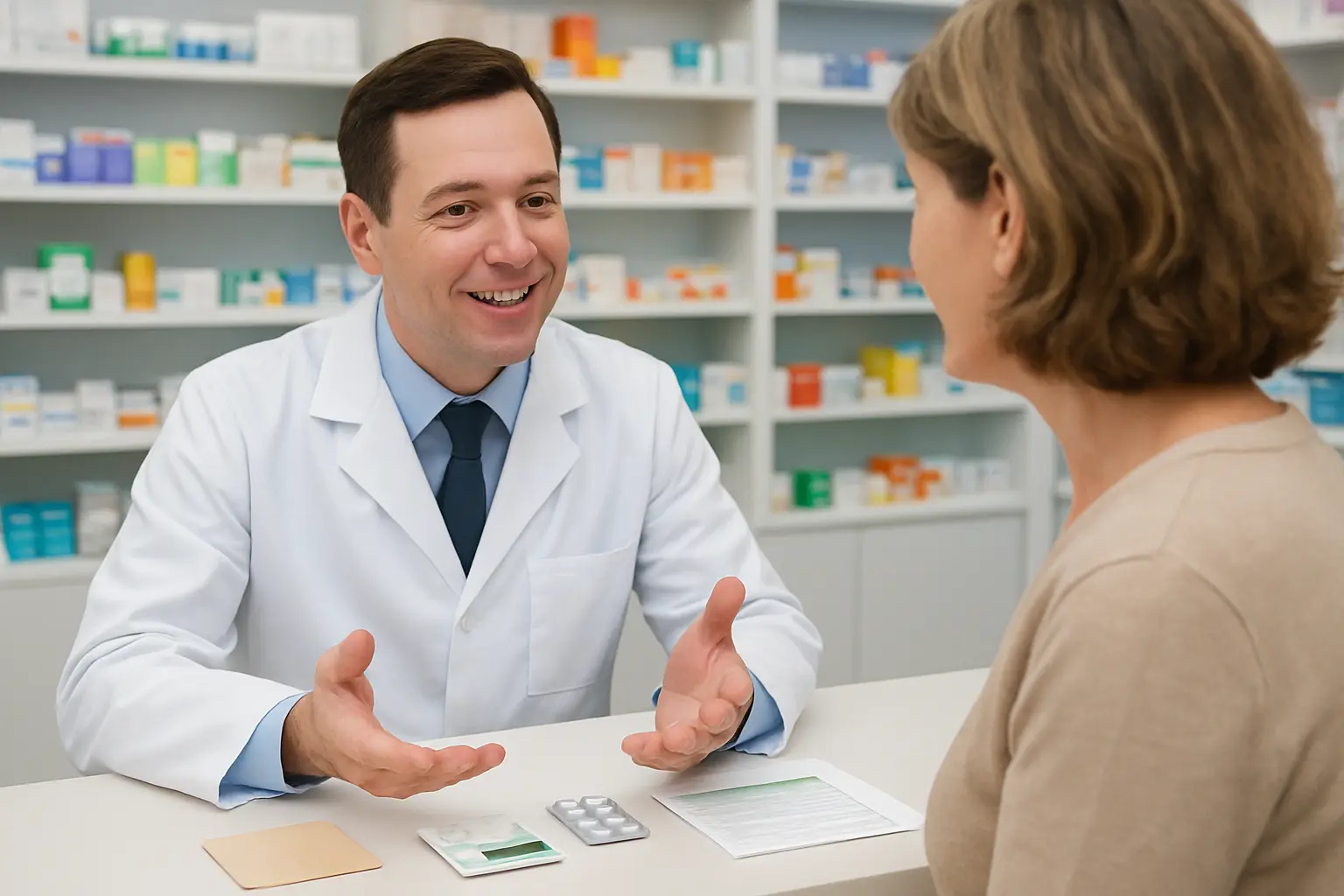 Pharmacist showing nicotine patches, gum and stop smoking tablets to a customer who wants to quit