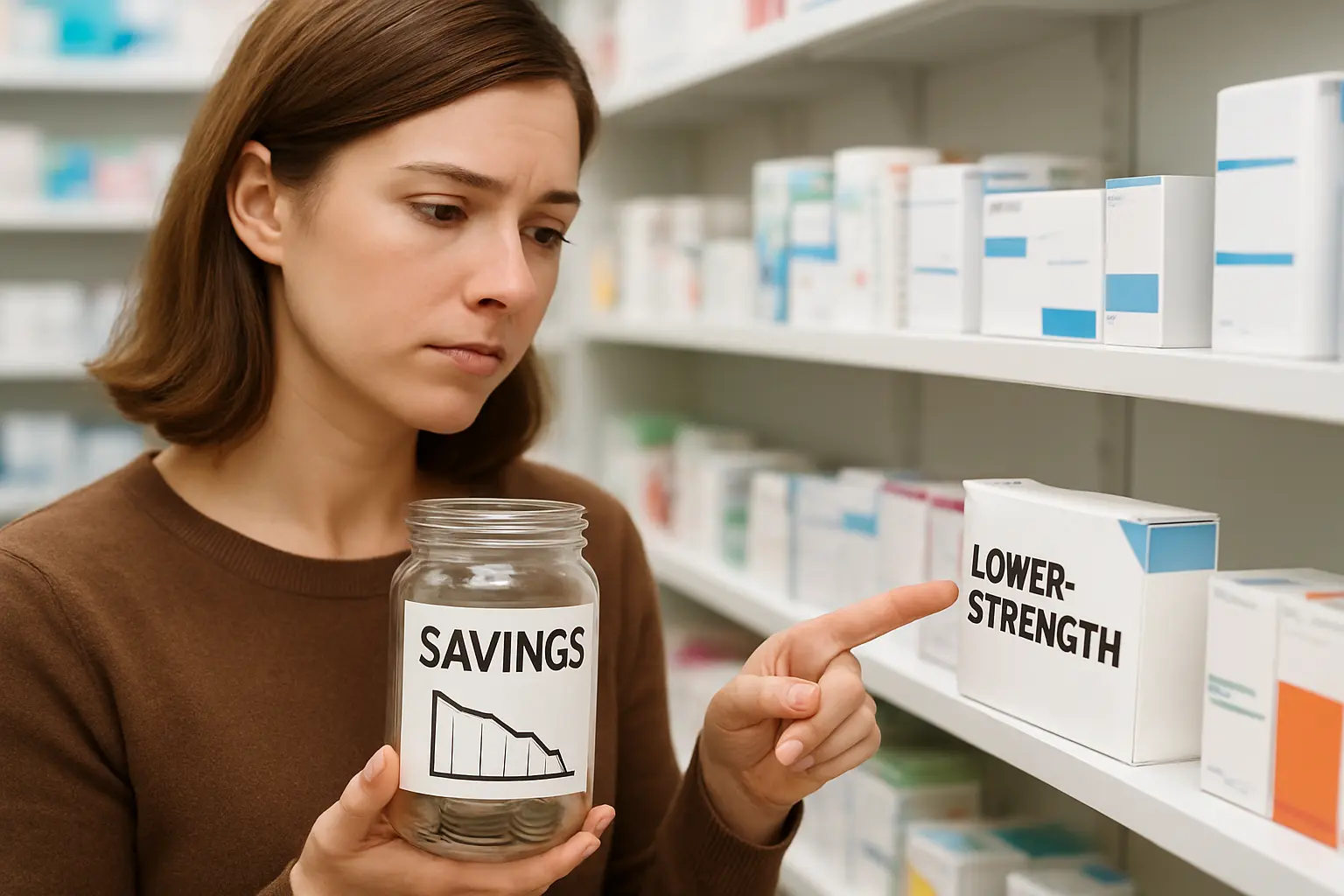 Illustration of a person choosing a lower-strength nicotine patch box on a shelf as part of a proper step-down plan