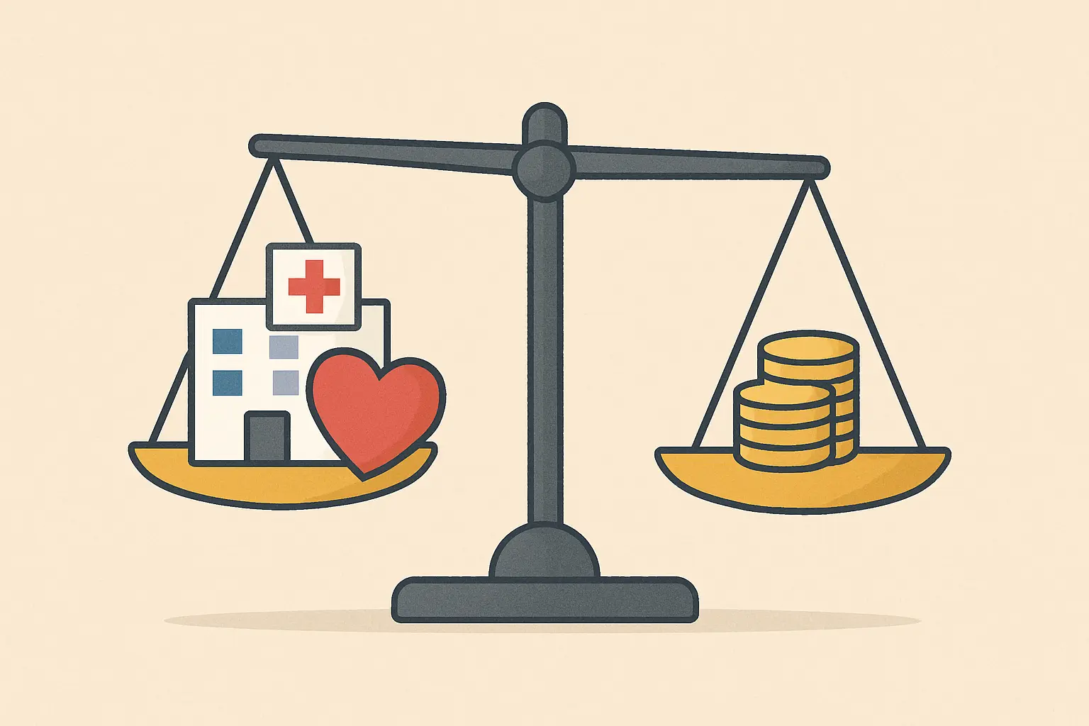 Flat pastel illustration of a hospital building, a heart icon and a stack of coins balanced on a scale, representing the health and financial cost of smoking in England