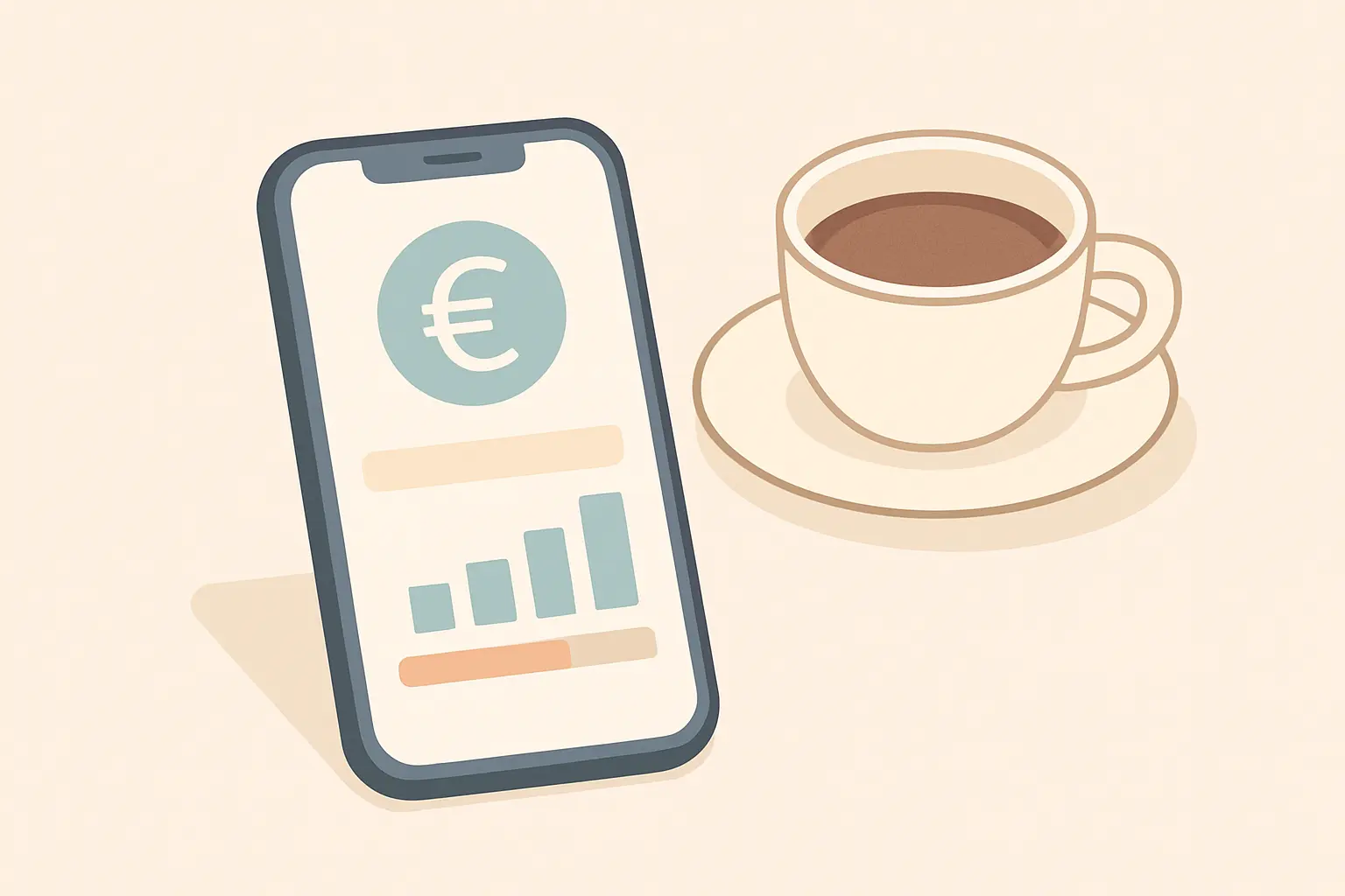 Illustration of a phone showing a savings dashboard with a euro symbol, representing setting up euro tracking in a quit smoking app