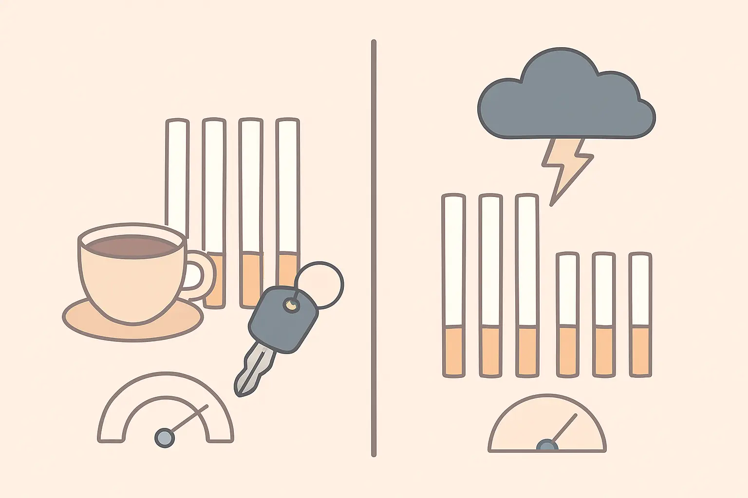 Illustration sorting cigarettes into a low-need habit group beside coffee and car keys and a high-need group beside a stress cloud