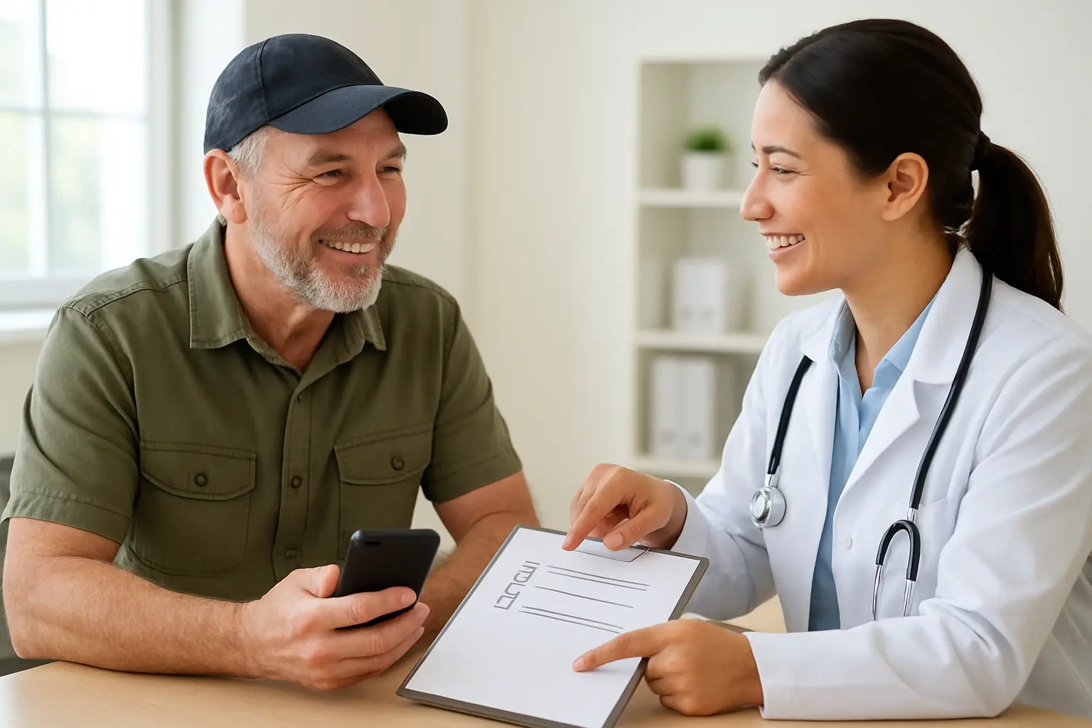 Illustration of a veteran talking with a health care provider in a clinic while holding a phone, representing combining VA quit support with an app