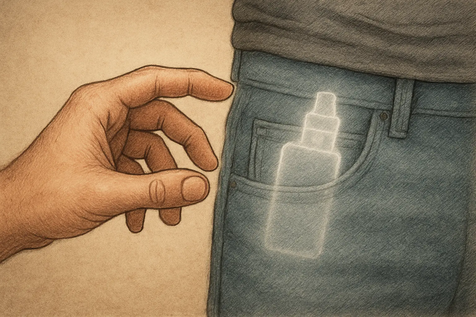 Illustration of a hand reaching for a pocket with a faint fading outline of a vape, representing the phantom reach habit after quitting