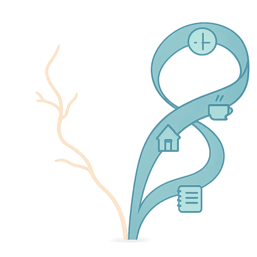 Illustration of two diverging paths, one glowing like a nerve signal and one shaped like a daily routine loop