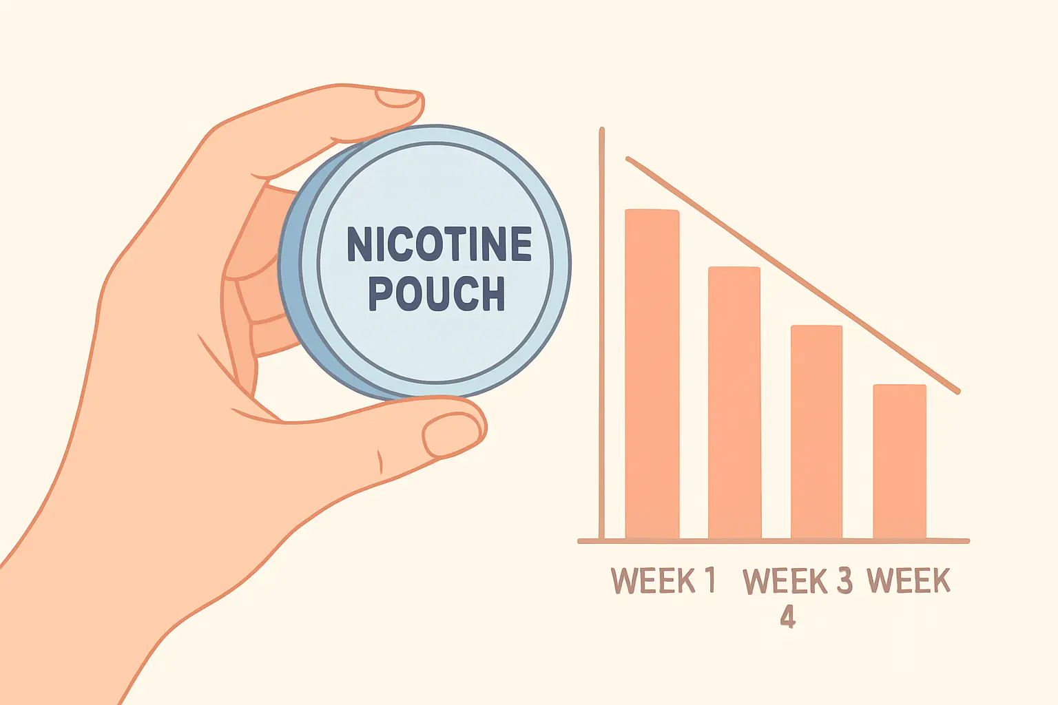Nicotine pouch can with a bar chart showing a decreasing weekly taper over four weeks