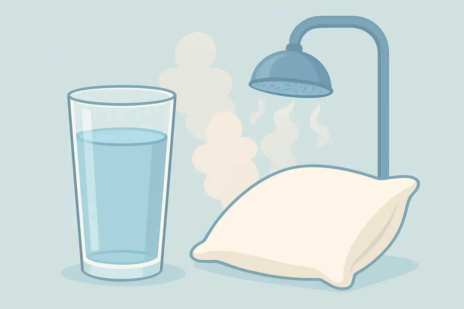 Illustration of a glass of water and rising steam from a hot shower, representing hydration and humidity loosening mucus after quitting smoking