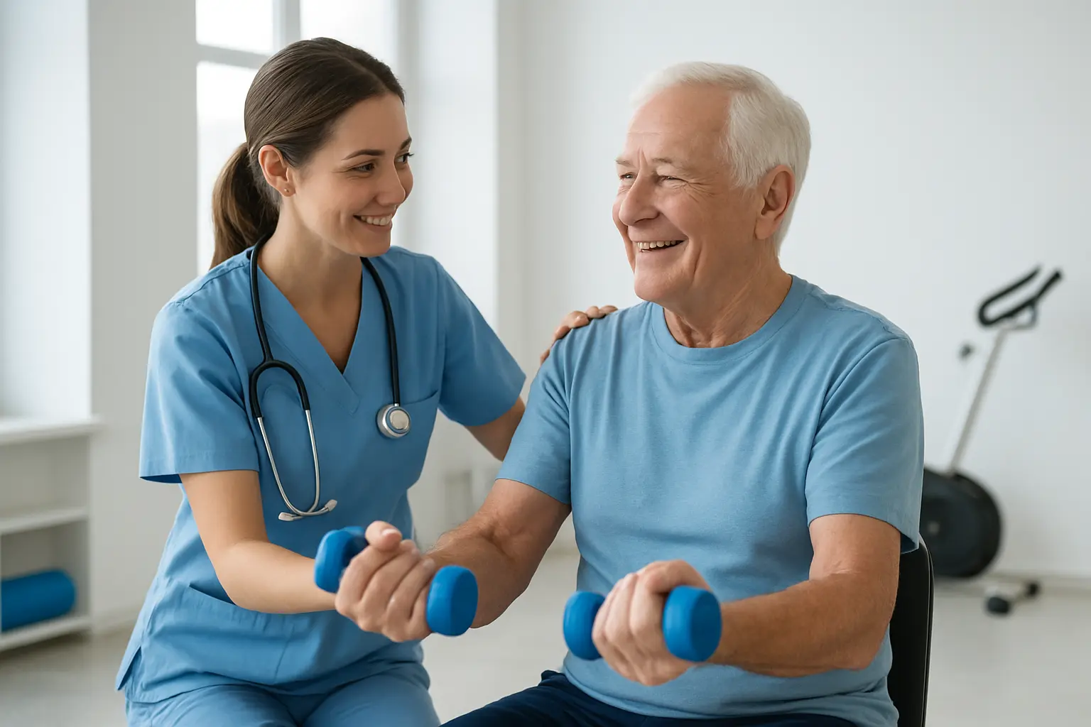Nurse guiding a patient through cardiac rehabilitation exercise after quitting smoking