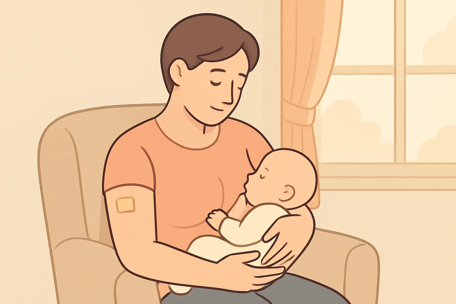Illustration of a parent nursing a baby while wearing a nicotine patch on their arm, representing NRT use while breastfeeding
