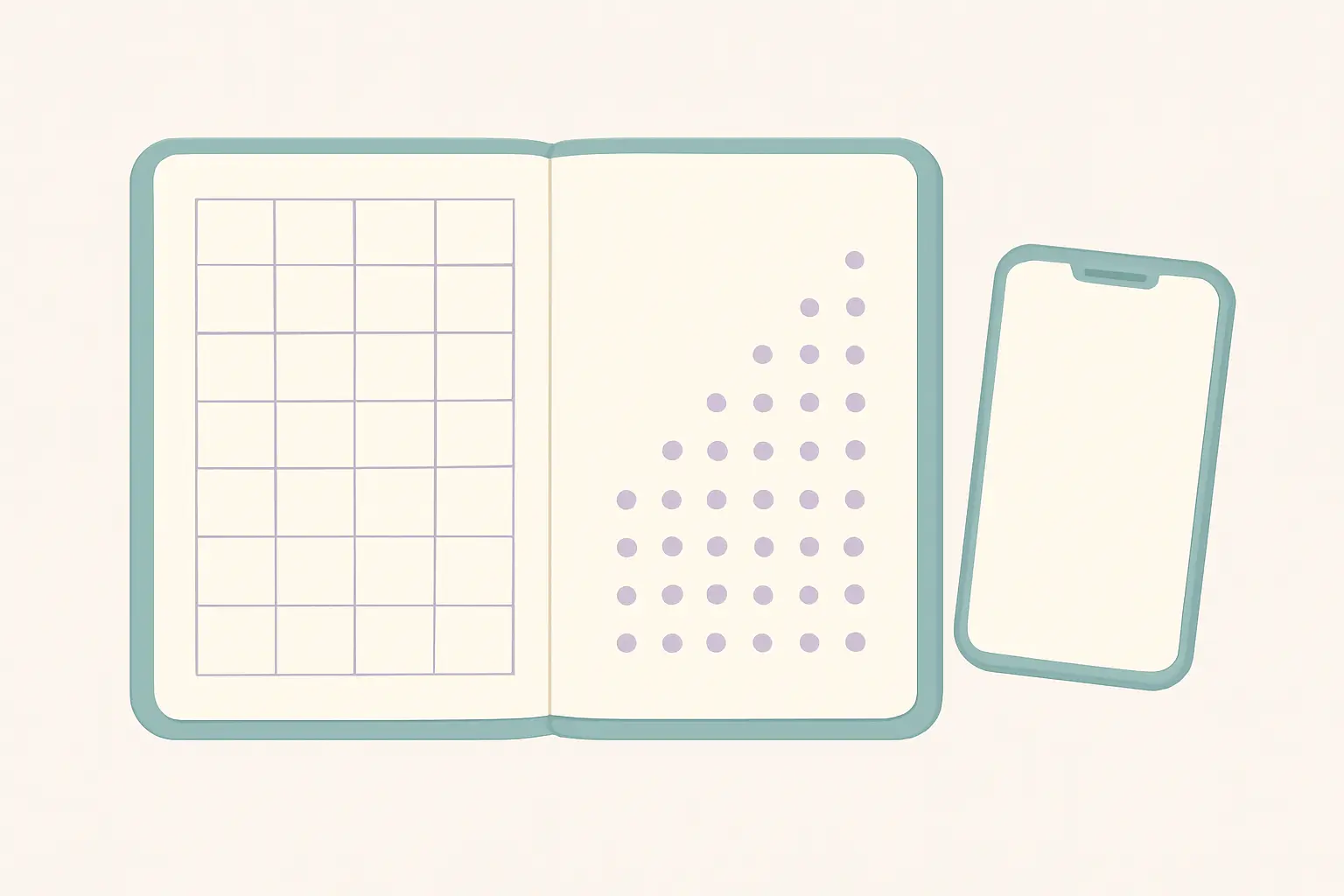 Illustration of an open paper diary with an empty grid and a row of dots beside a phone, representing a migraine diary kept alongside a quit tracker