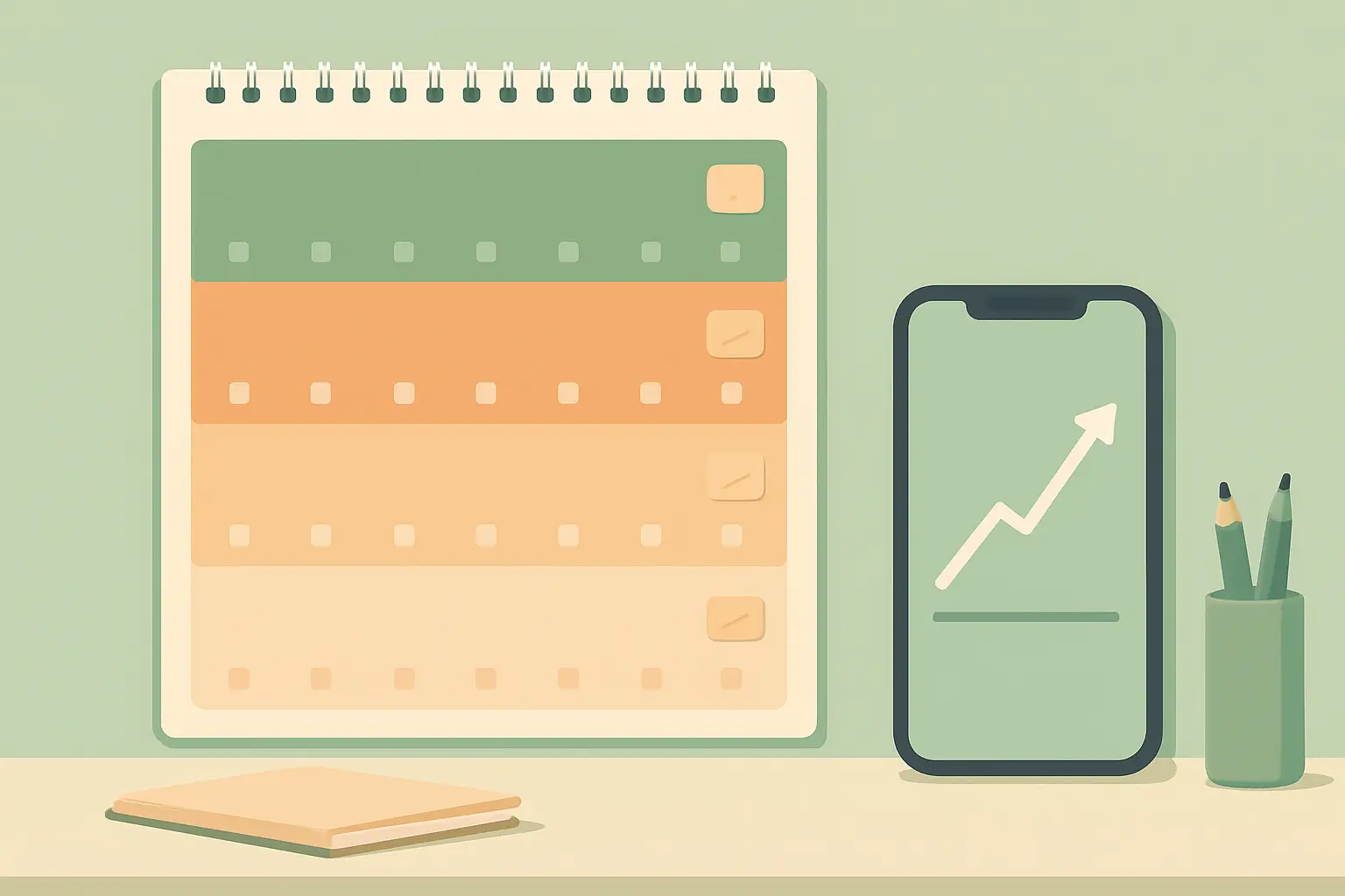 Calendar with nicotine patch strength steps marked across ten weeks next to a phone showing a progress chart