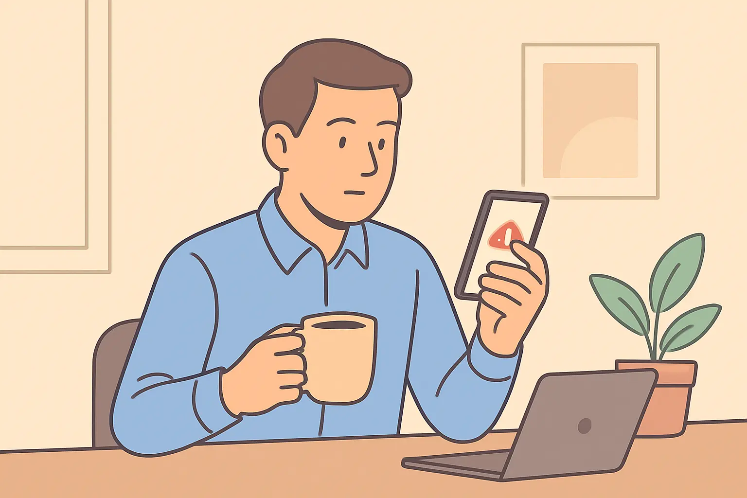 Office worker managing the afternoon energy slump with coffee and a phone app instead of a cigarette