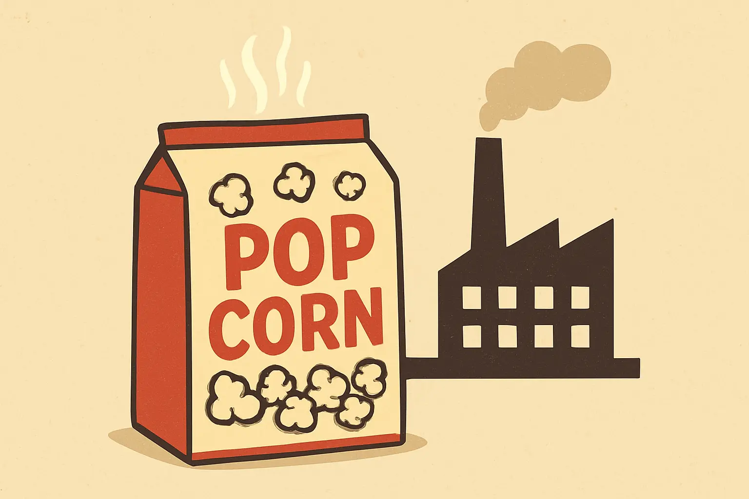 Illustration of a microwave popcorn bag and factory building, representing the origin of the term popcorn lung