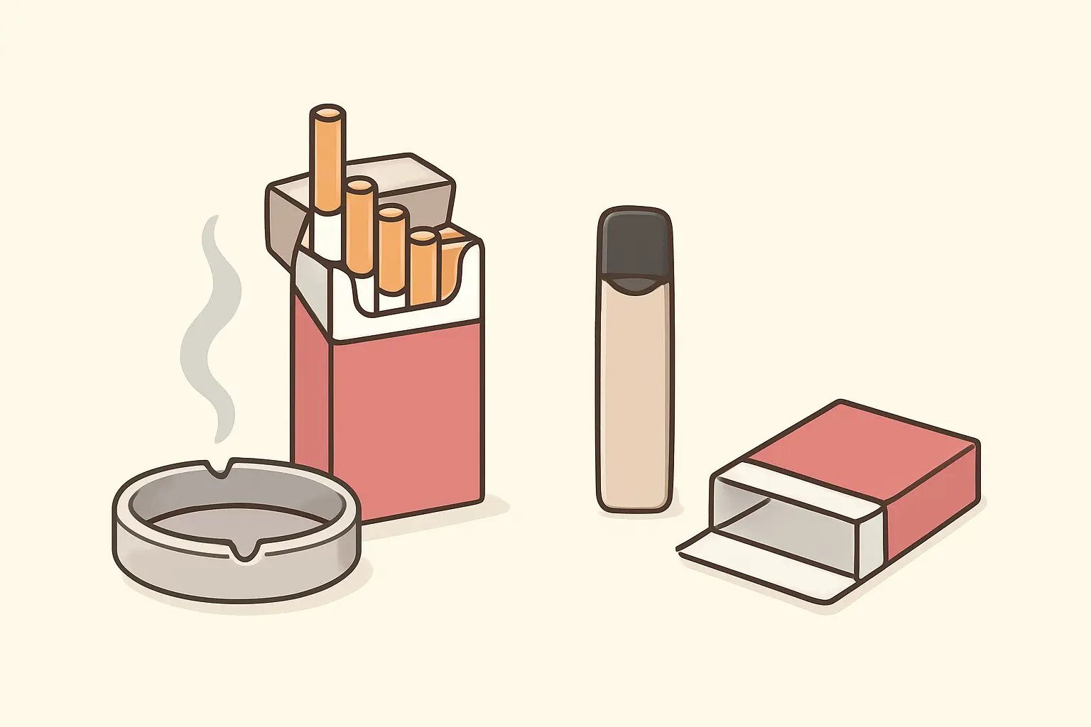 Illustration comparing a cigarette pack with ash and smell as natural stop cues against a pod vape with no visible stopping point