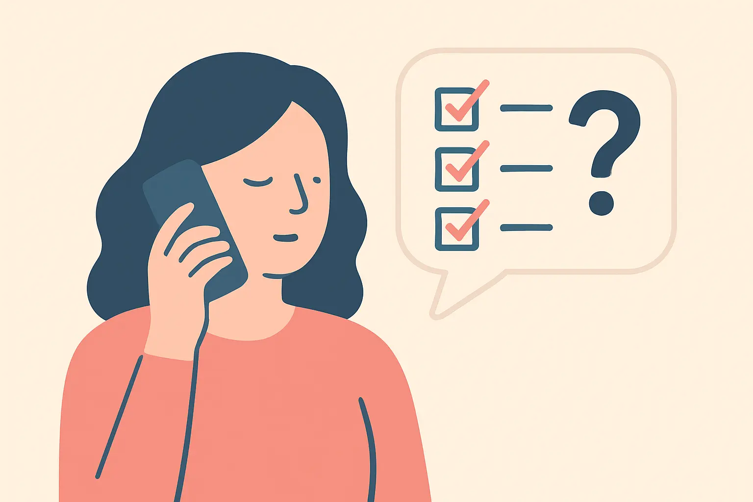Illustration of a person on the phone with a checklist speech bubble, representing calling an insurer to ask about quit-smoking coverage