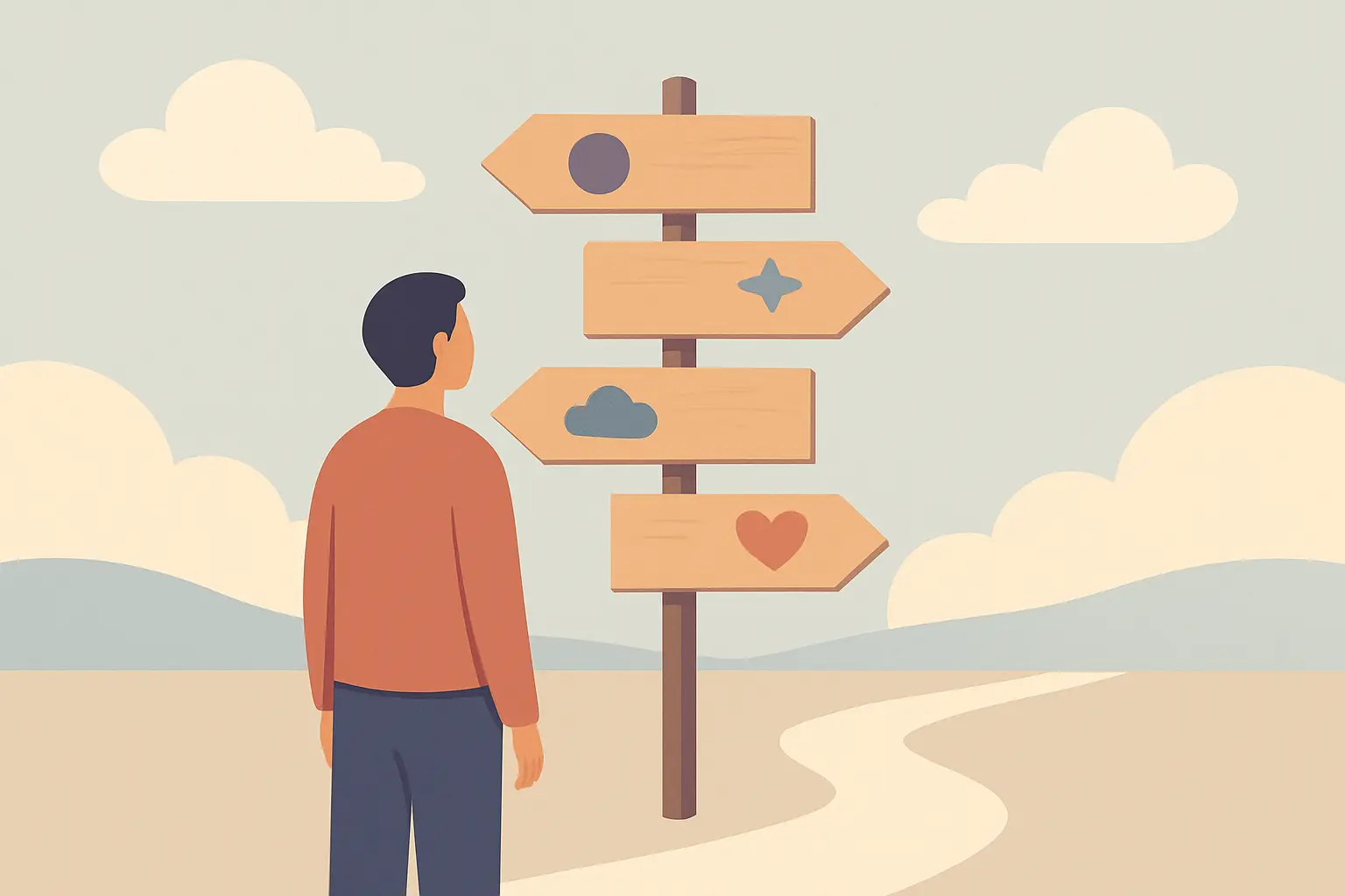 Illustration of a person at a crossroads with four signposts representing different quit smoking methods to choose between