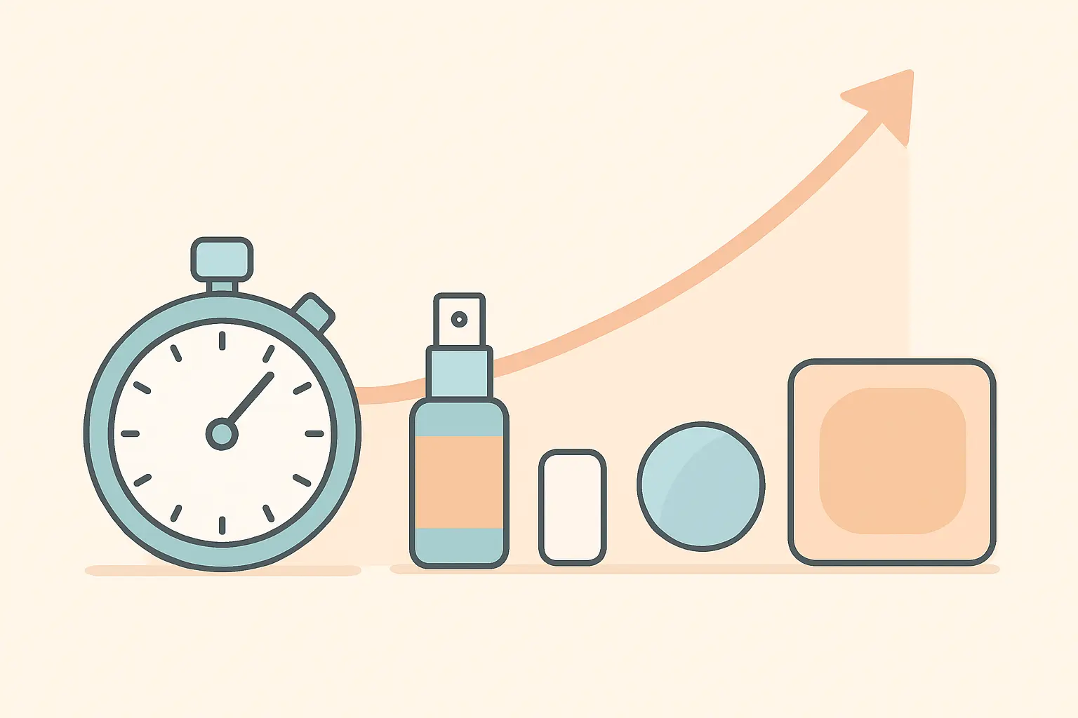 Illustration of a stopwatch beside nicotine mouth spray, gum, lozenge and patch arranged from fastest to slowest absorption