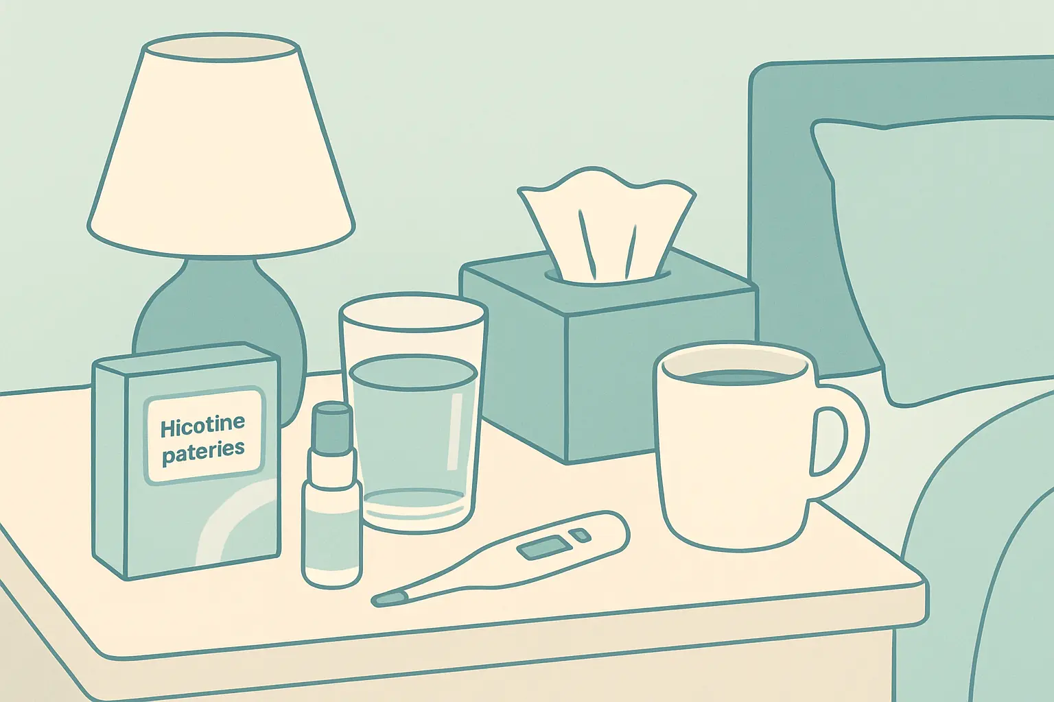 Illustration of nicotine patches and an oral spray on a bedside table beside water and a thermometer while recovering from a chest infection