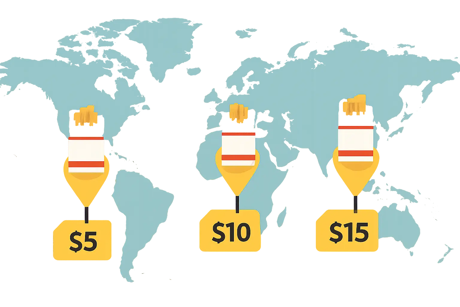 World map with cigarette pack price tags representing different pack prices by country