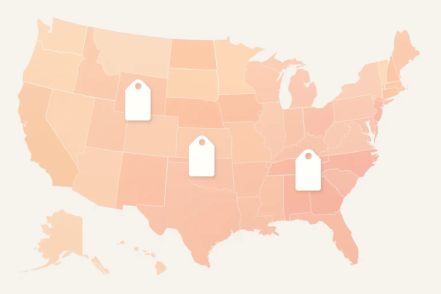 Flat vector choropleth map of the United States shaded by price level with price-tag markers, representing cigarette pack prices by state