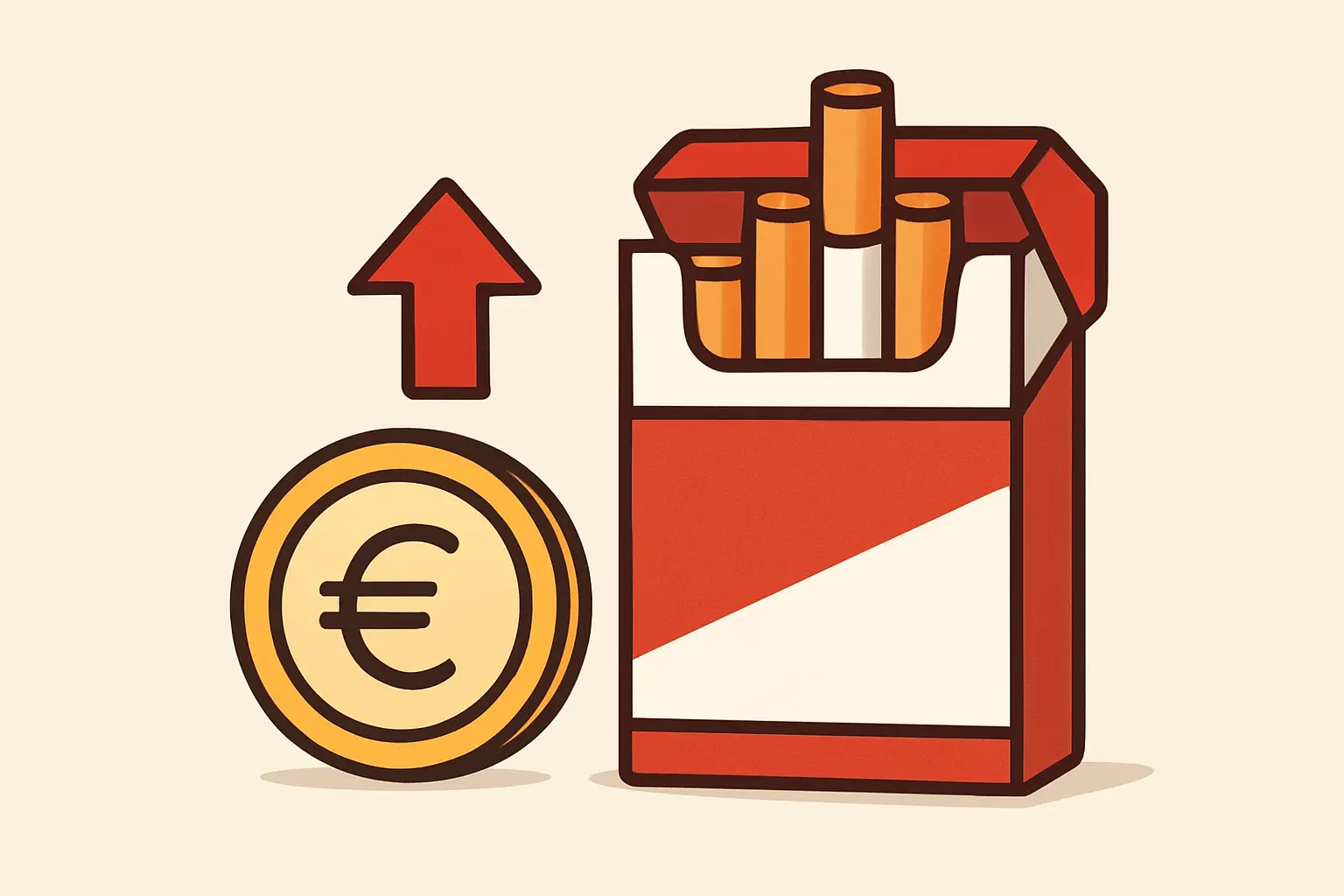 Illustration of a euro coin and cigarette pack with an upward arrow representing a cigarette price increase
