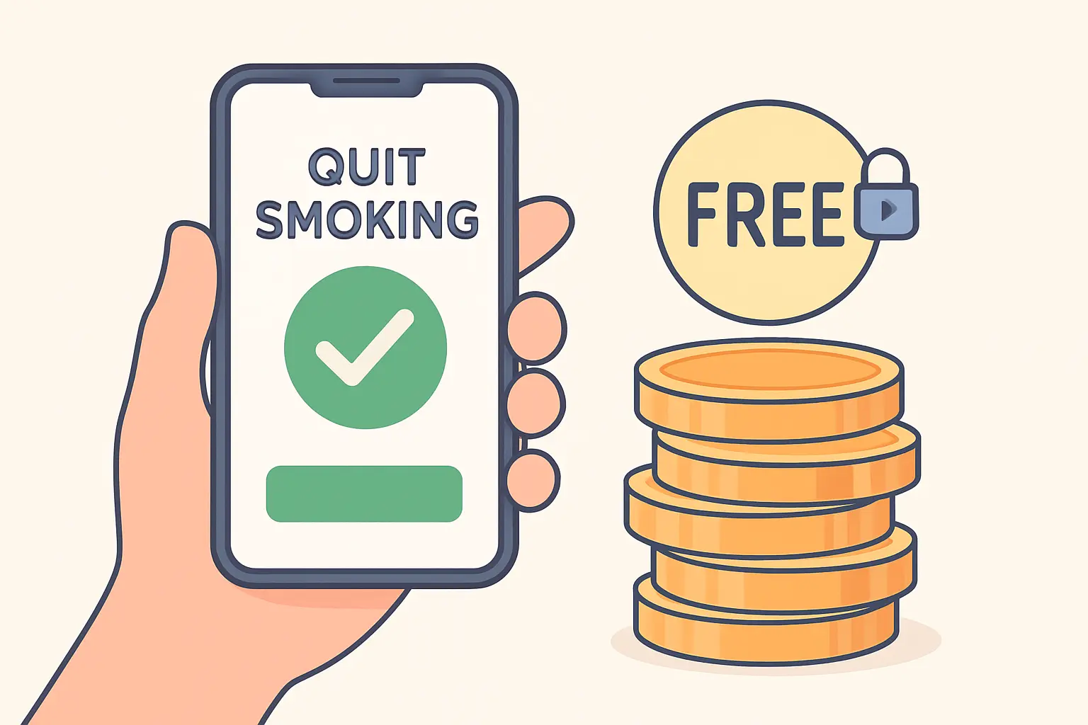Smartphone showing a free quit smoking app tier next to a stack of coins representing optional paid subscription tiers