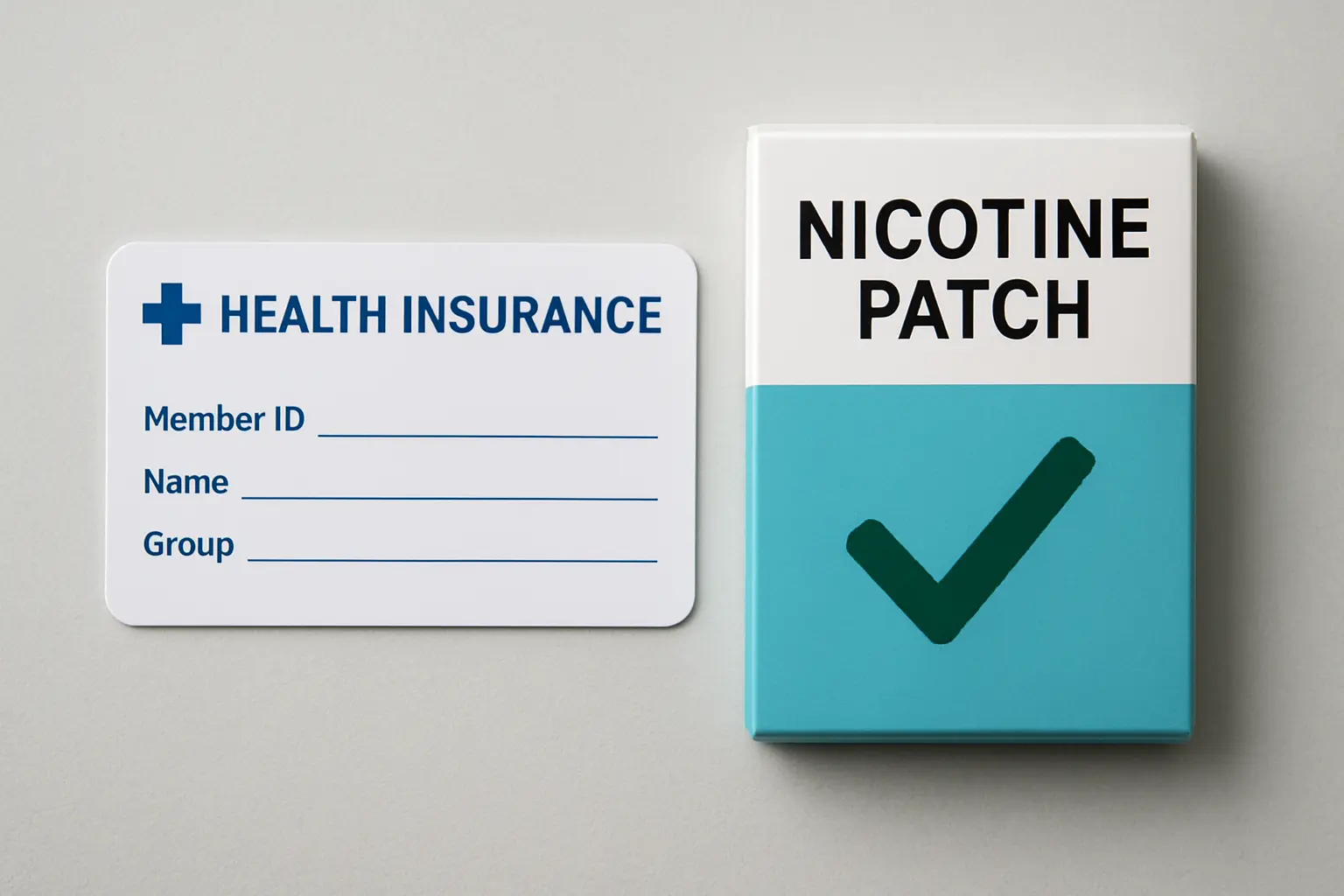 Illustration of a health insurance card next to a nicotine patch box with a checkmark, representing insurance coverage