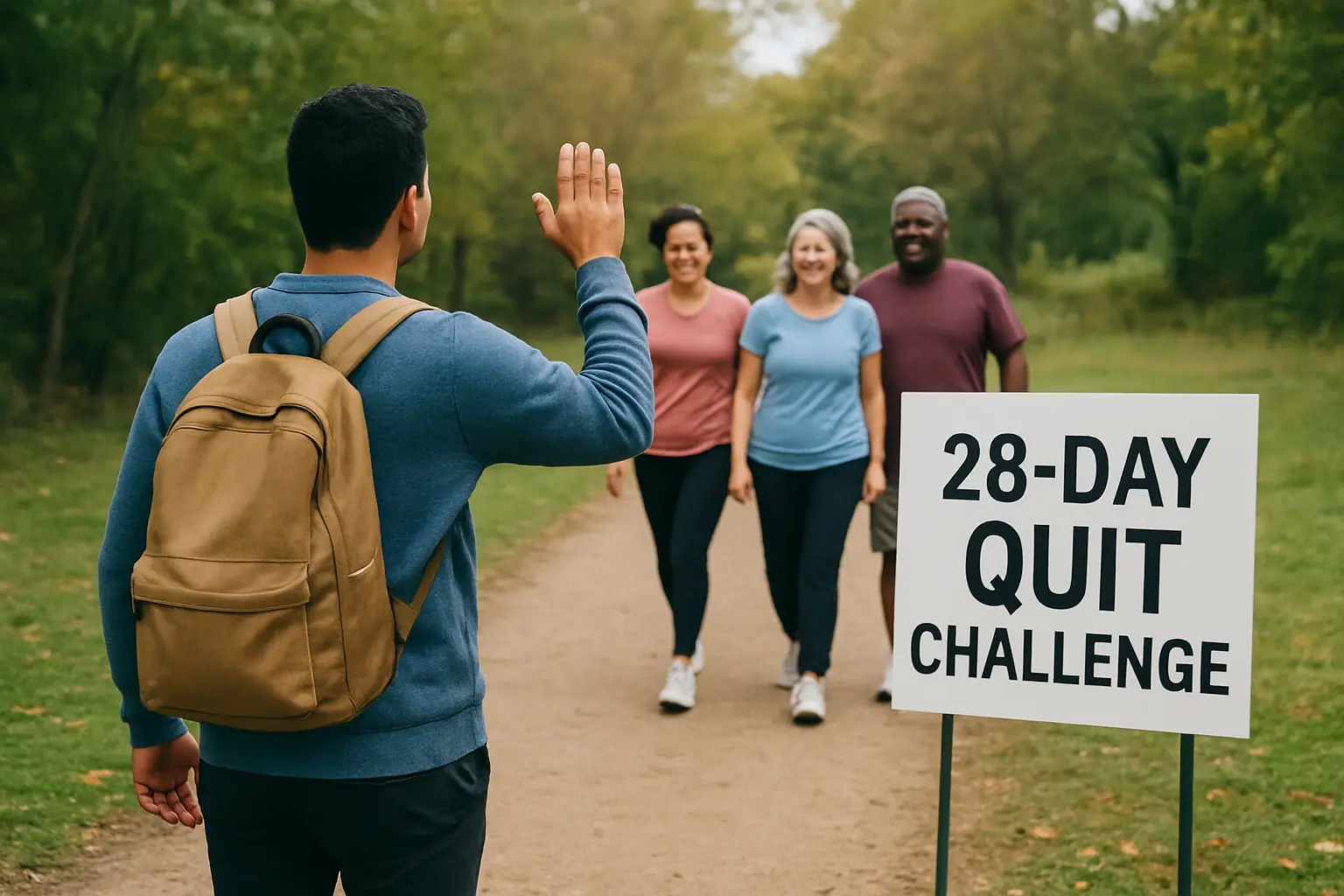 Illustration of a person joining a group already partway through a month-long challenge, representing starting Stoptober late