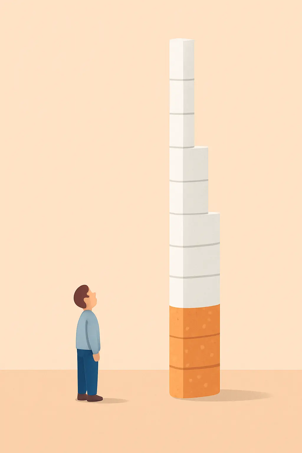Illustration of a person looking up at a tall stack of cigarette icons representing a lifetime cigarette total