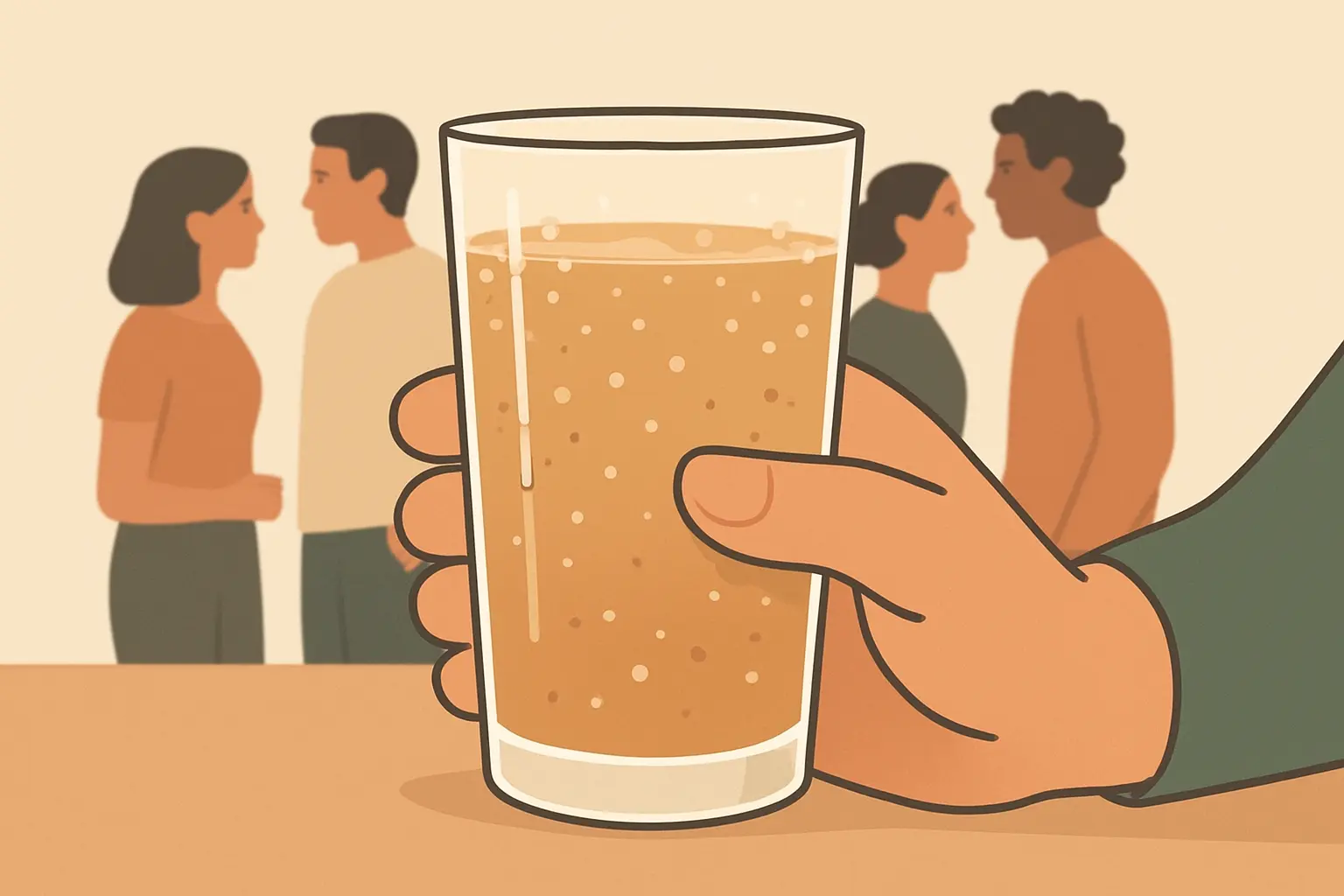 Hand holding a drink instead of a cigarette at a social gathering