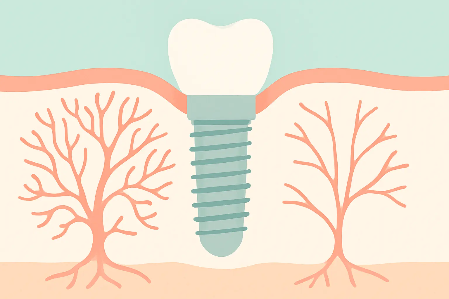 Diagram of a dental implant in jawbone comparing a healthy capillary network with a narrowed one, showing why blood supply matters for osseointegration