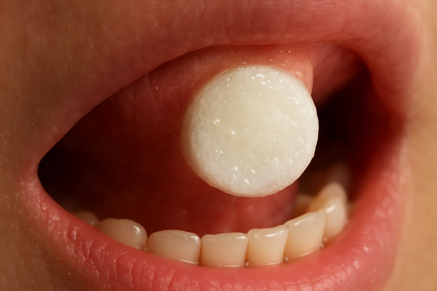 Illustration of a nicotine lozenge dissolving slowly in the cheek rather than being chewed