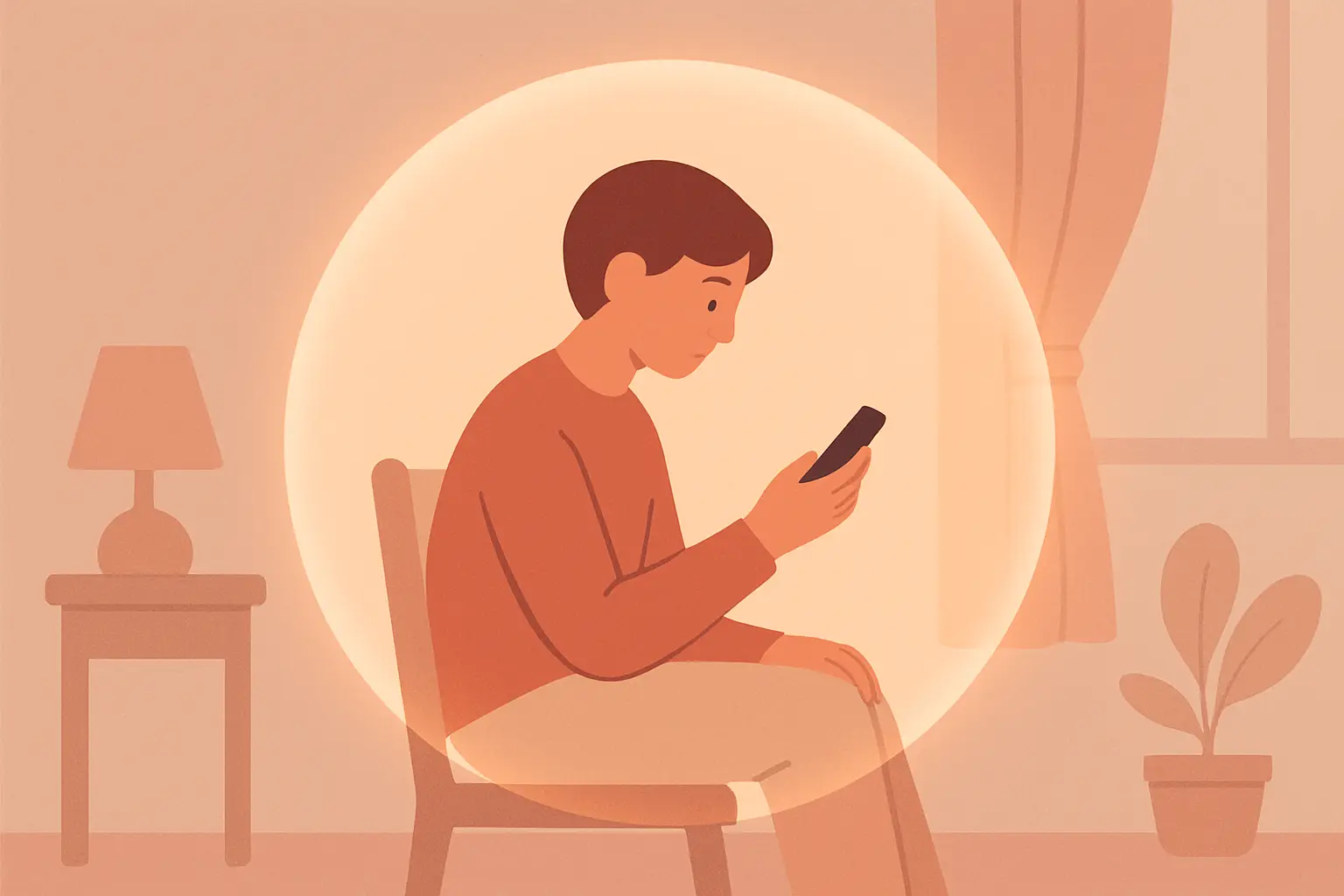 Illustration of a person quietly using a private quit smoking app alone in a calm space