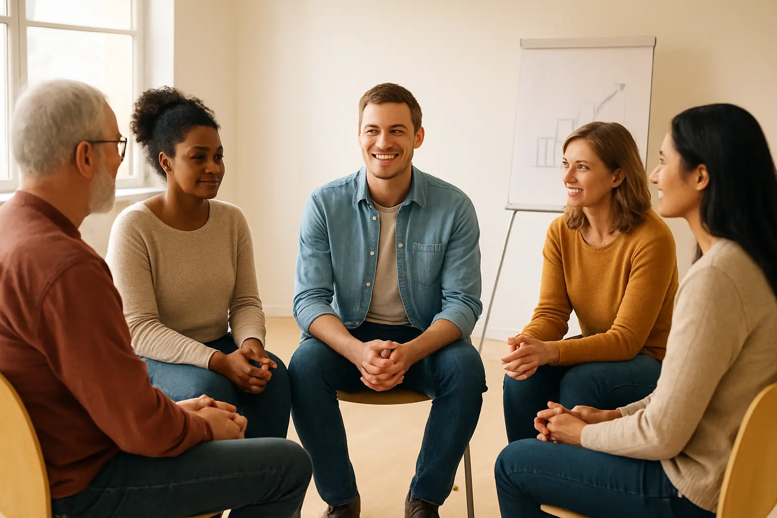 Adults in a group stop smoking support session encouraging each other in a community room