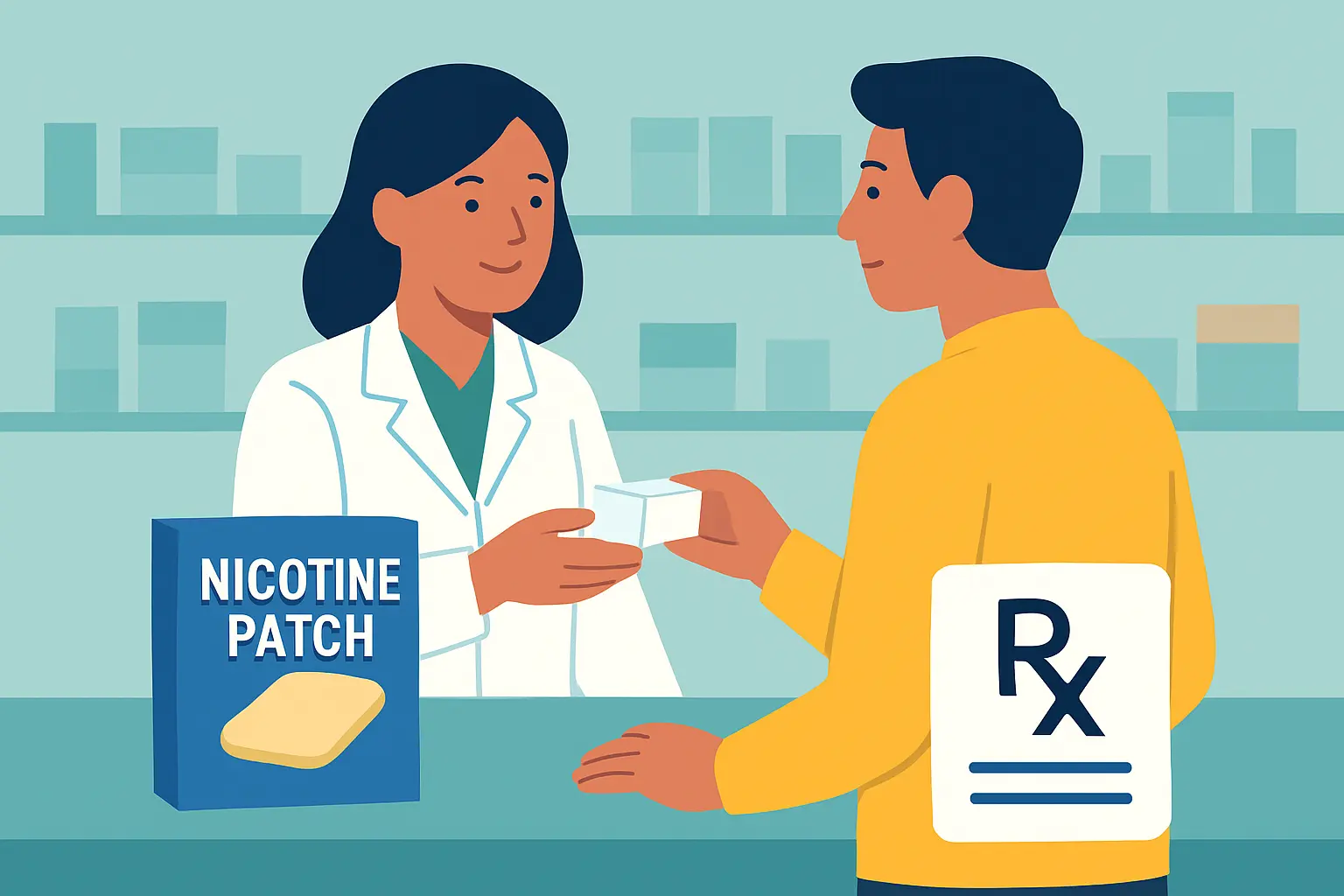 Pharmacist handing over nicotine patches during a consultation, representing NRT access in Australia