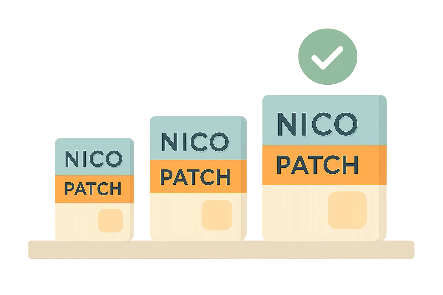 Illustration of three nicotine patch boxes of different strengths on a shelf with a checkmark, representing choosing the correct strength instead of cutting a patch