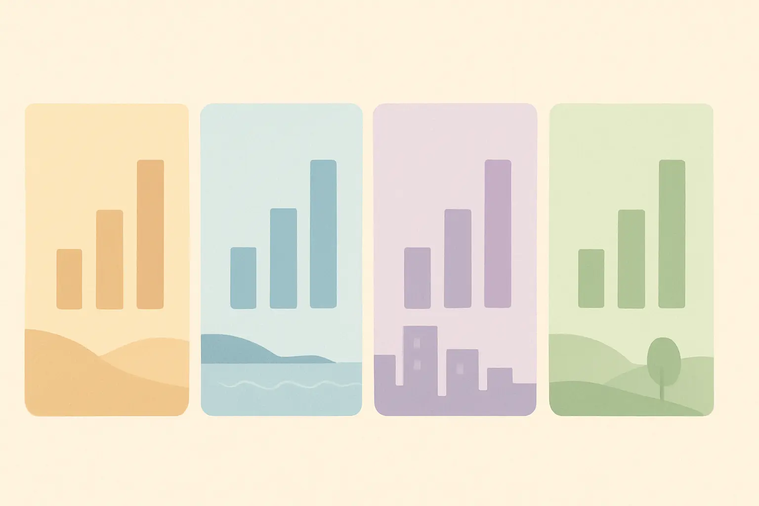 Flat pastel illustration of four regional tiles representing England, Scotland, Wales and Northern Ireland with bar chart columns of similar heights