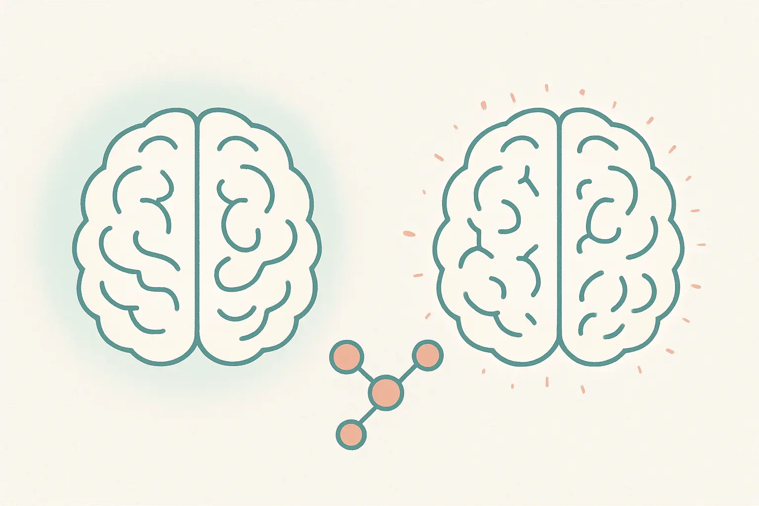 Diagram comparing a steady dopamine glow in one brain outline with a sparse flickering glow in another, linked by a dopamine molecule